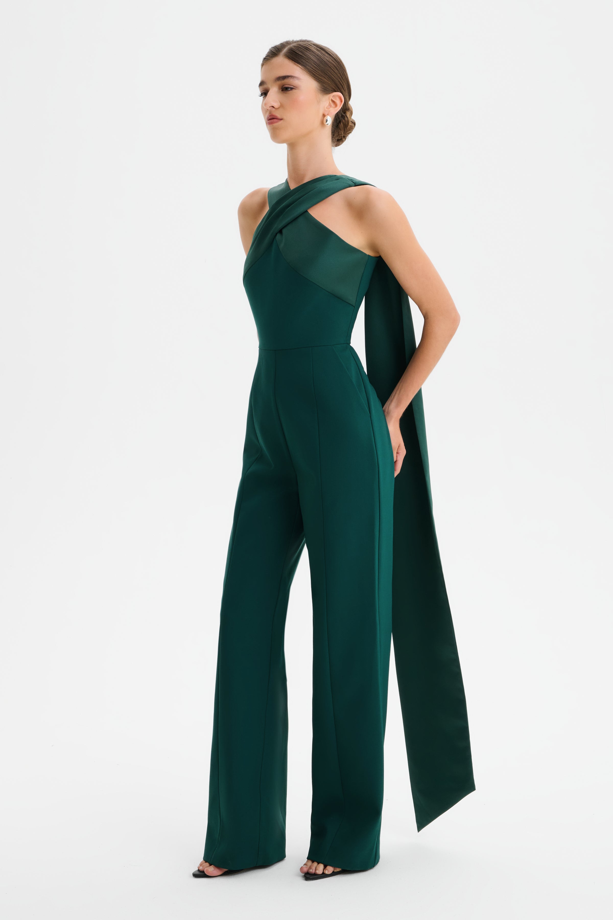 CHANTELLE Cross Neck Straight Leg Jumpsuit with Satin Drape in Emerald