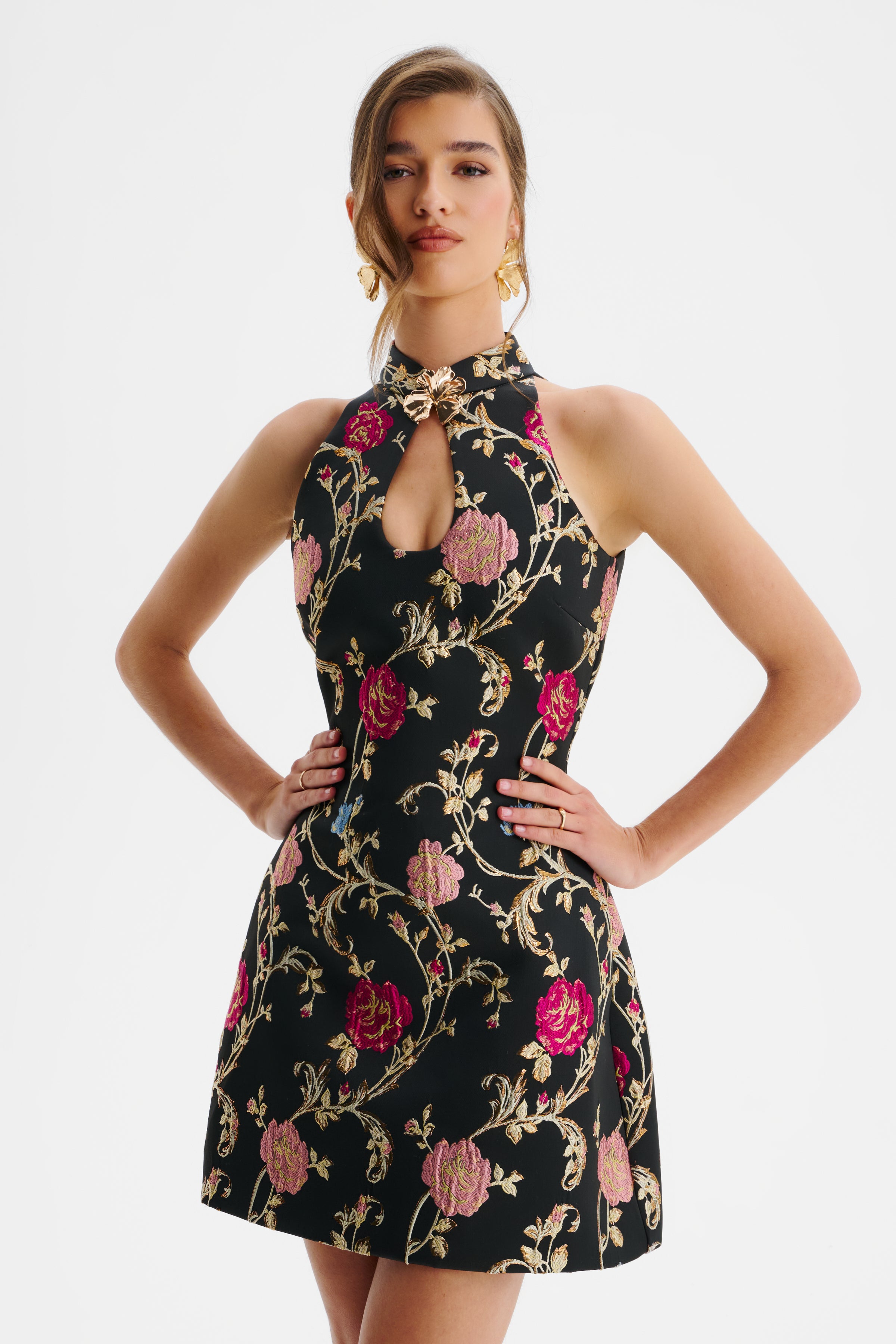 VIOLETTA Metallic Floral Brocade High Neck Mini Dress In Black