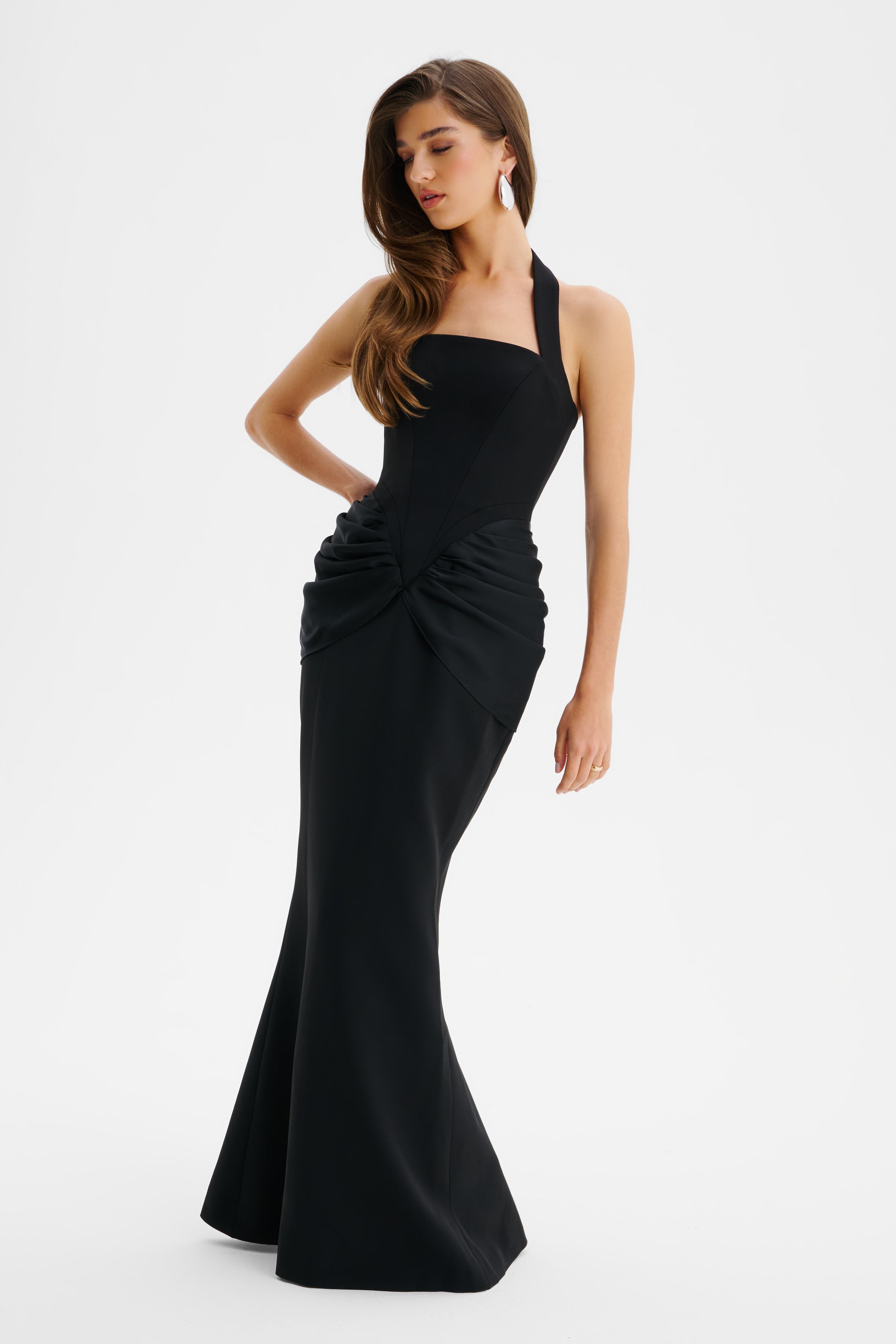 ISABEAU Square Neck Maxi Dress With Satin Drape Detail In Black