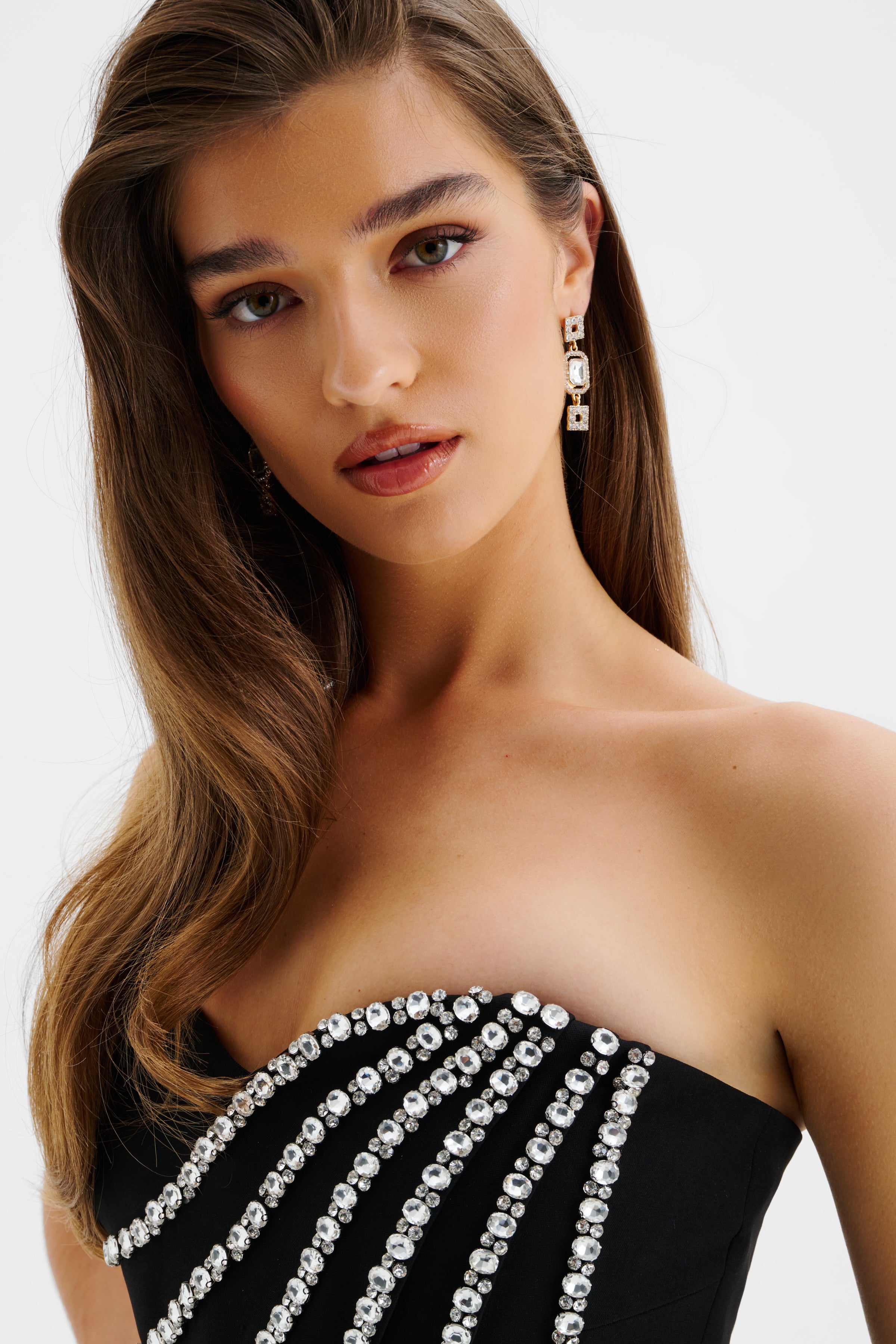 CELESTINE Diamante Embellished Scallop Peplum Midi Dress In Black