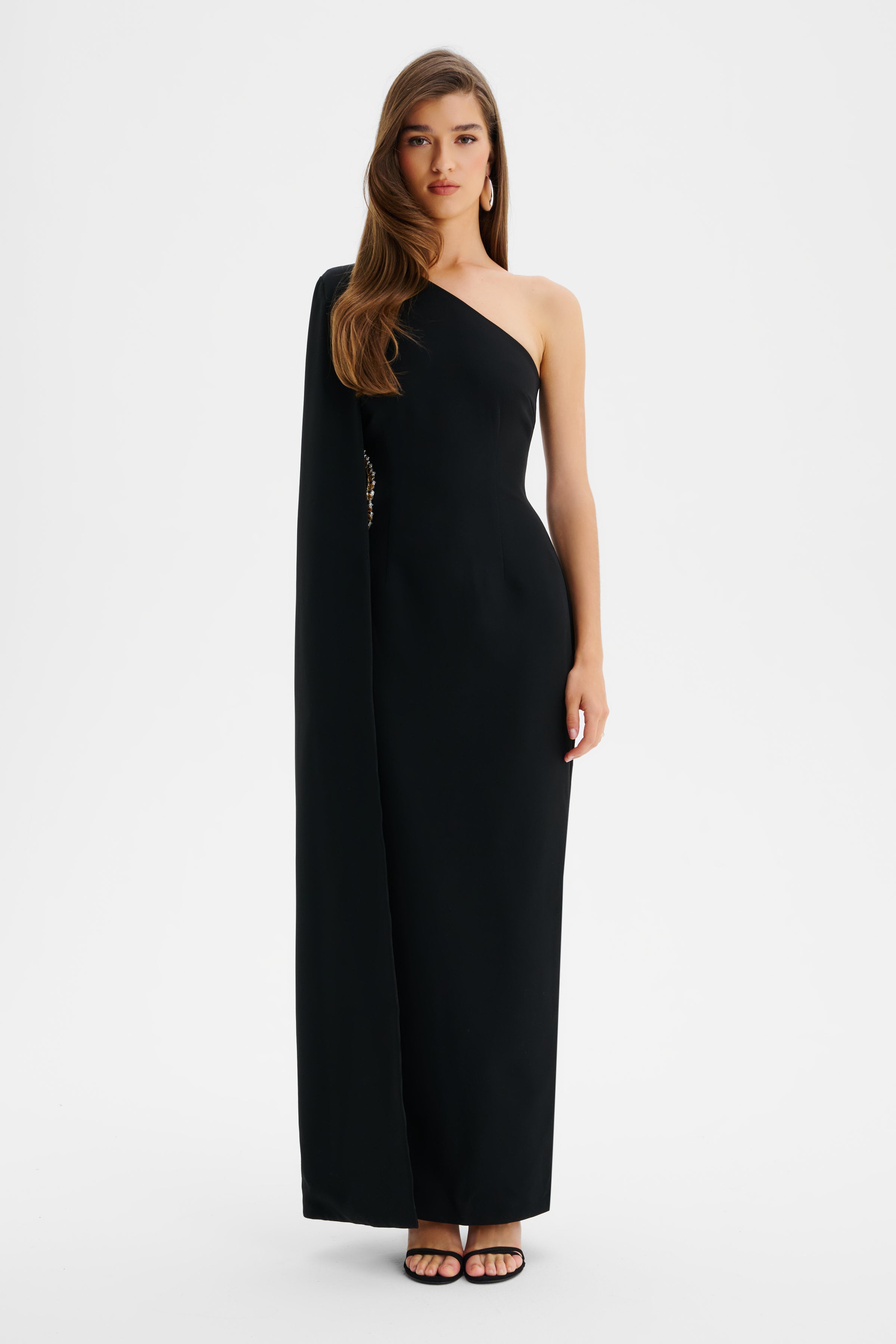 VIVIANA Asymmetric Emebllished Cut Out Maxi Cape Dress In Black
