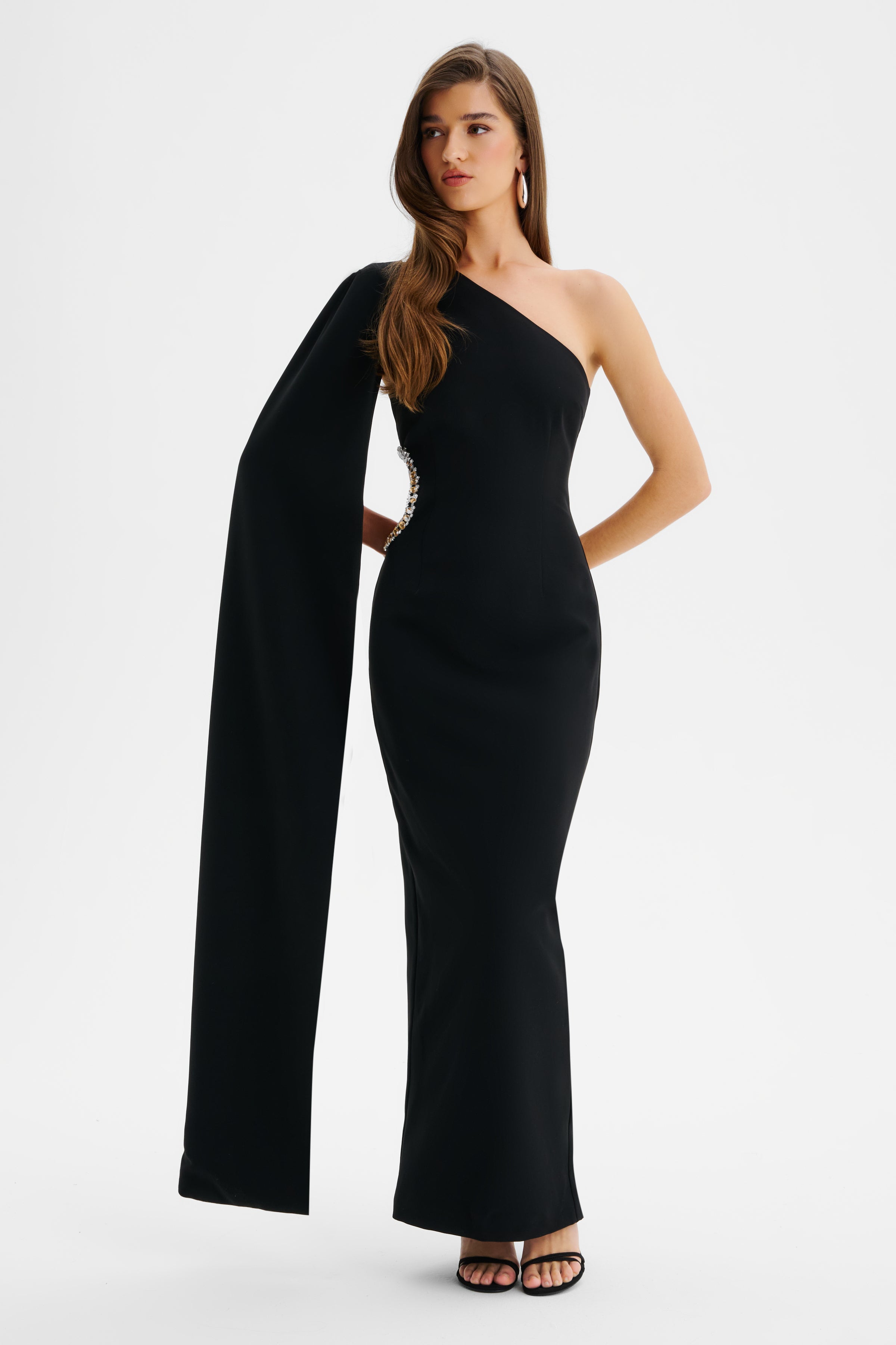 VIVIANA Asymmetric Emebllished Cut Out Maxi Cape Dress In Black