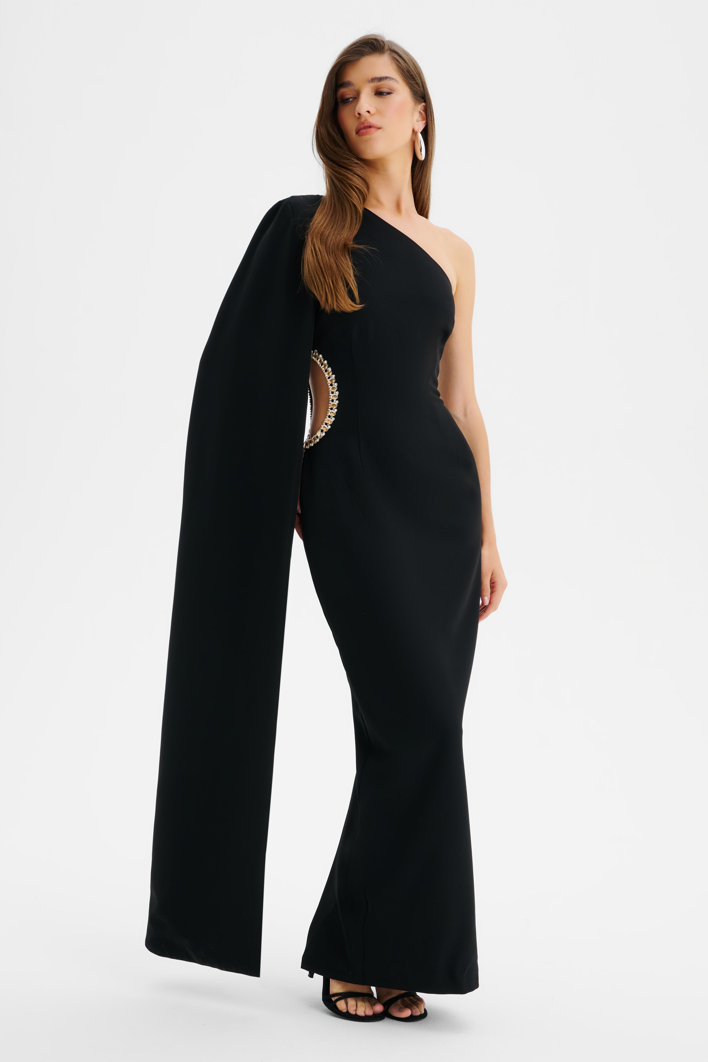 VIVIANA Asymmetric Emebllished Cut Out Maxi Cape Dress In Black