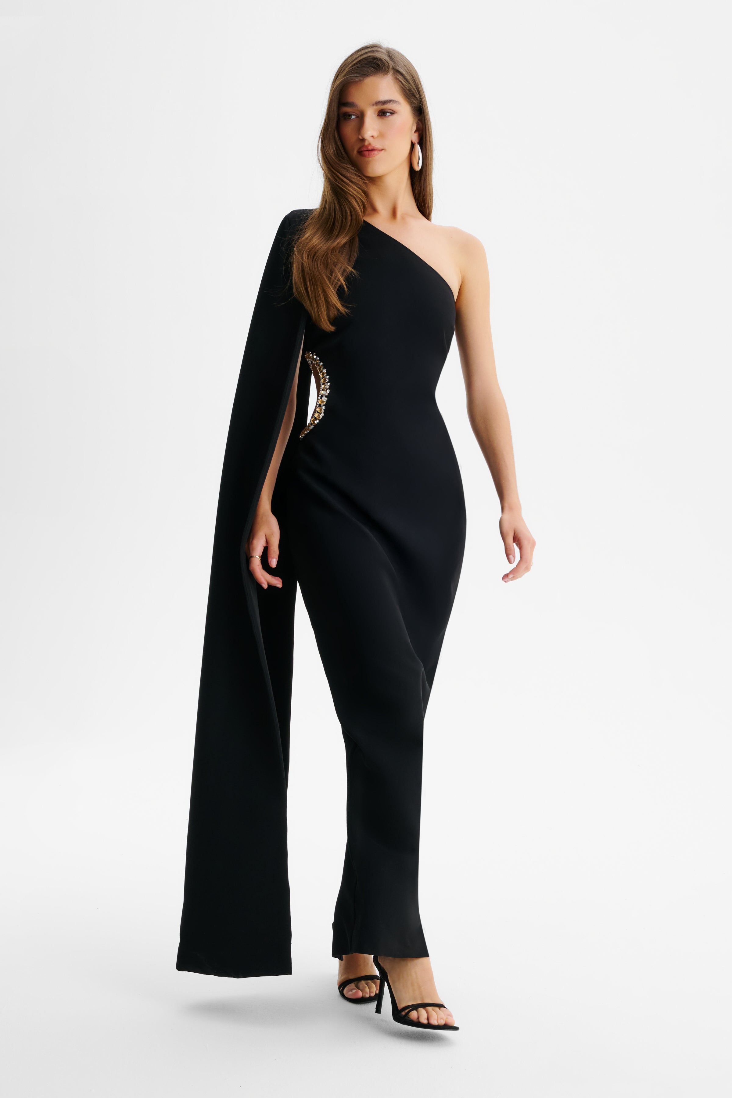 VIVIANA Asymmetric Emebllished Cut Out Maxi Cape Dress In Black