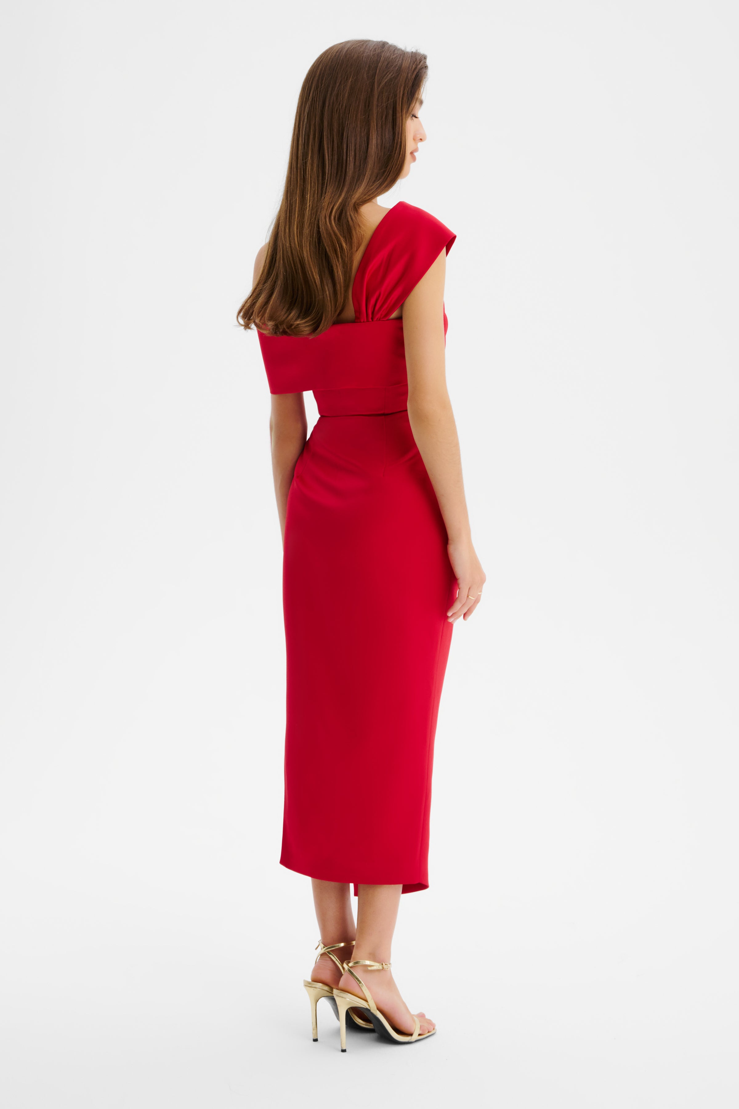 RUBIE Twisted One Shoulder Bonded Satin Midi Dress In Red