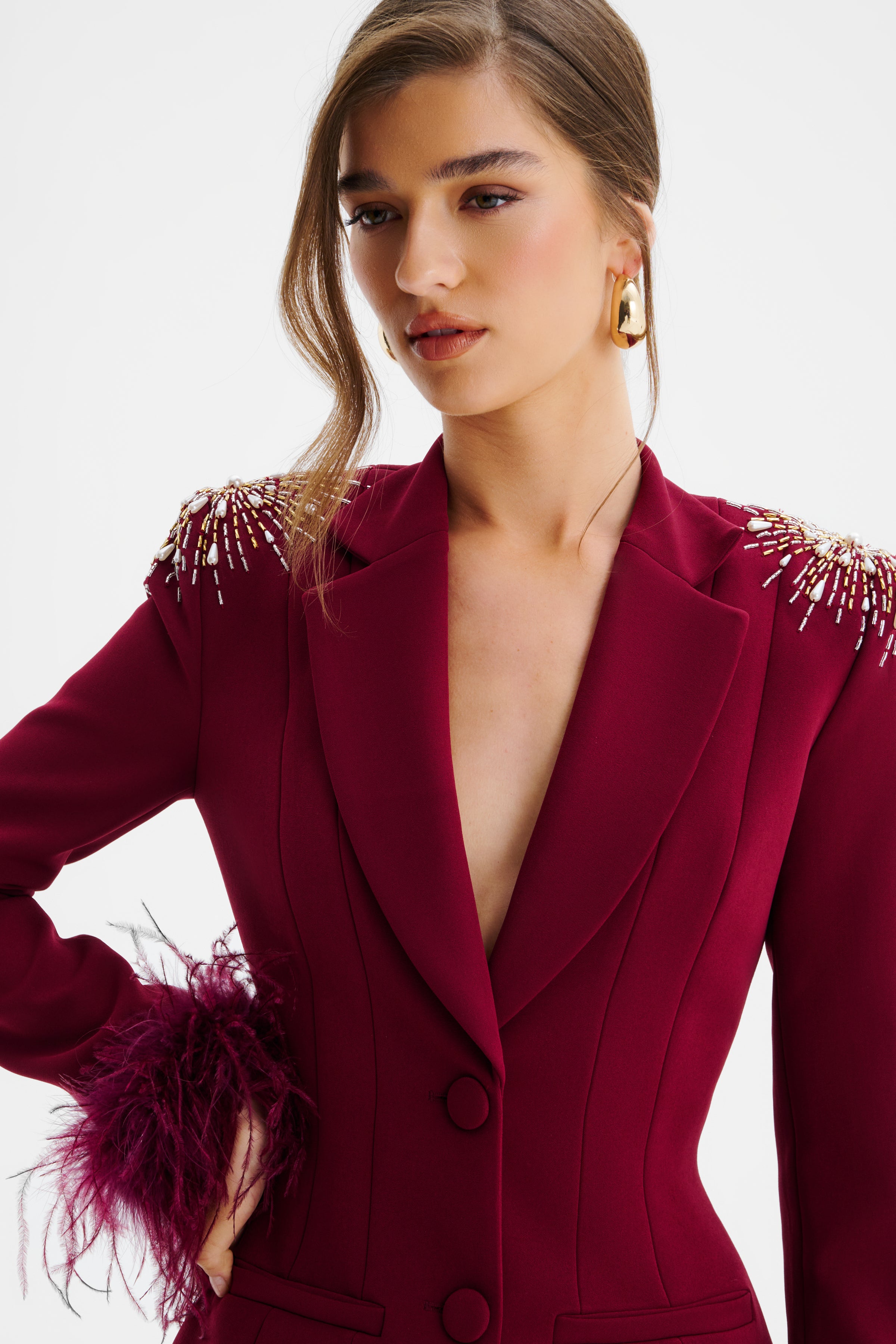 SABRINA Star Hand Embellished Hourglass Blazer Dress with Feather Cuffs In Burgundy