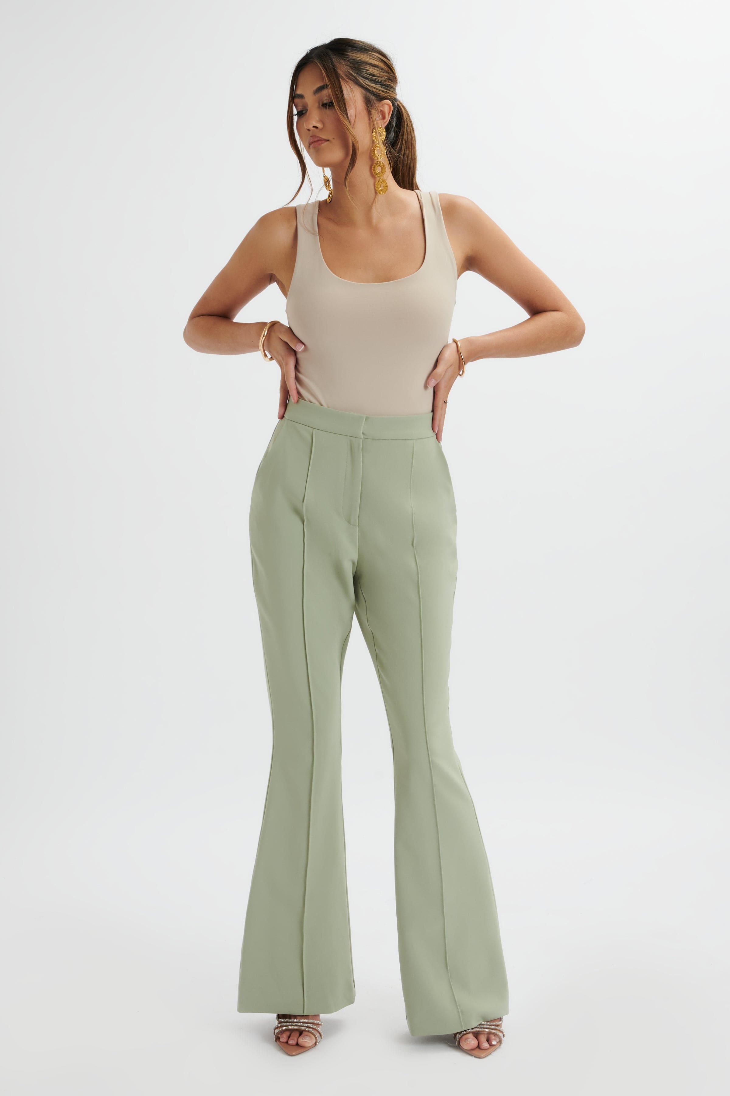 EMELIE Fit & Flare Trousers In Sage Green