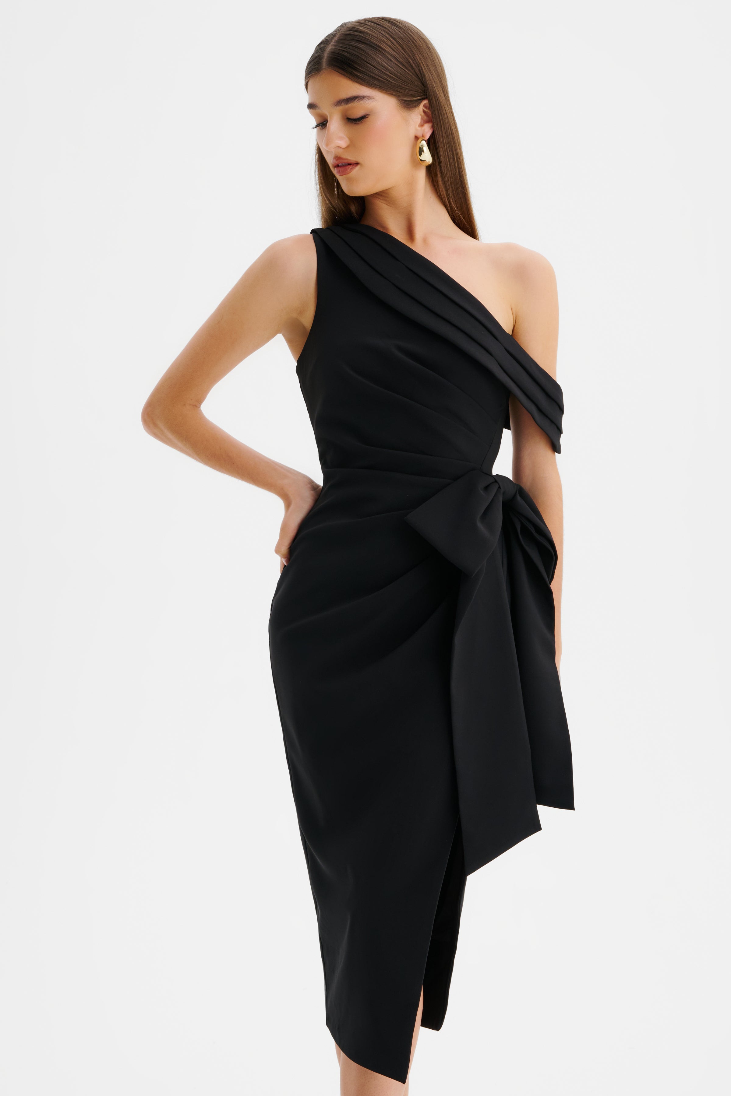 HONEY One Shoulder Pleated Bow Midi Dress in Black