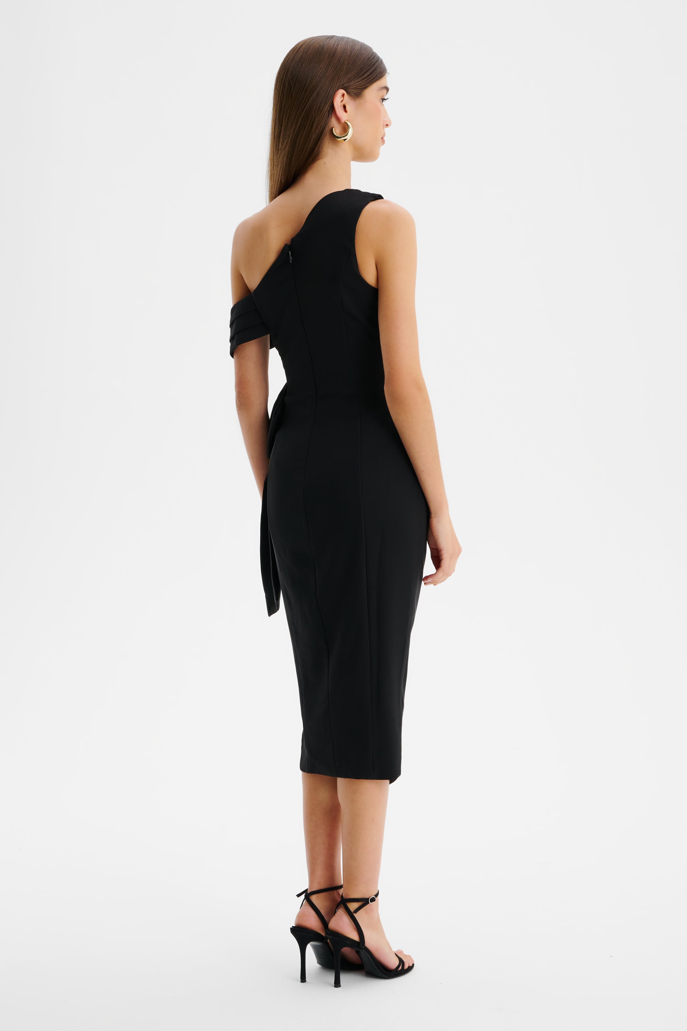 HONEY One Shoulder Pleated Bow Midi Dress in Black