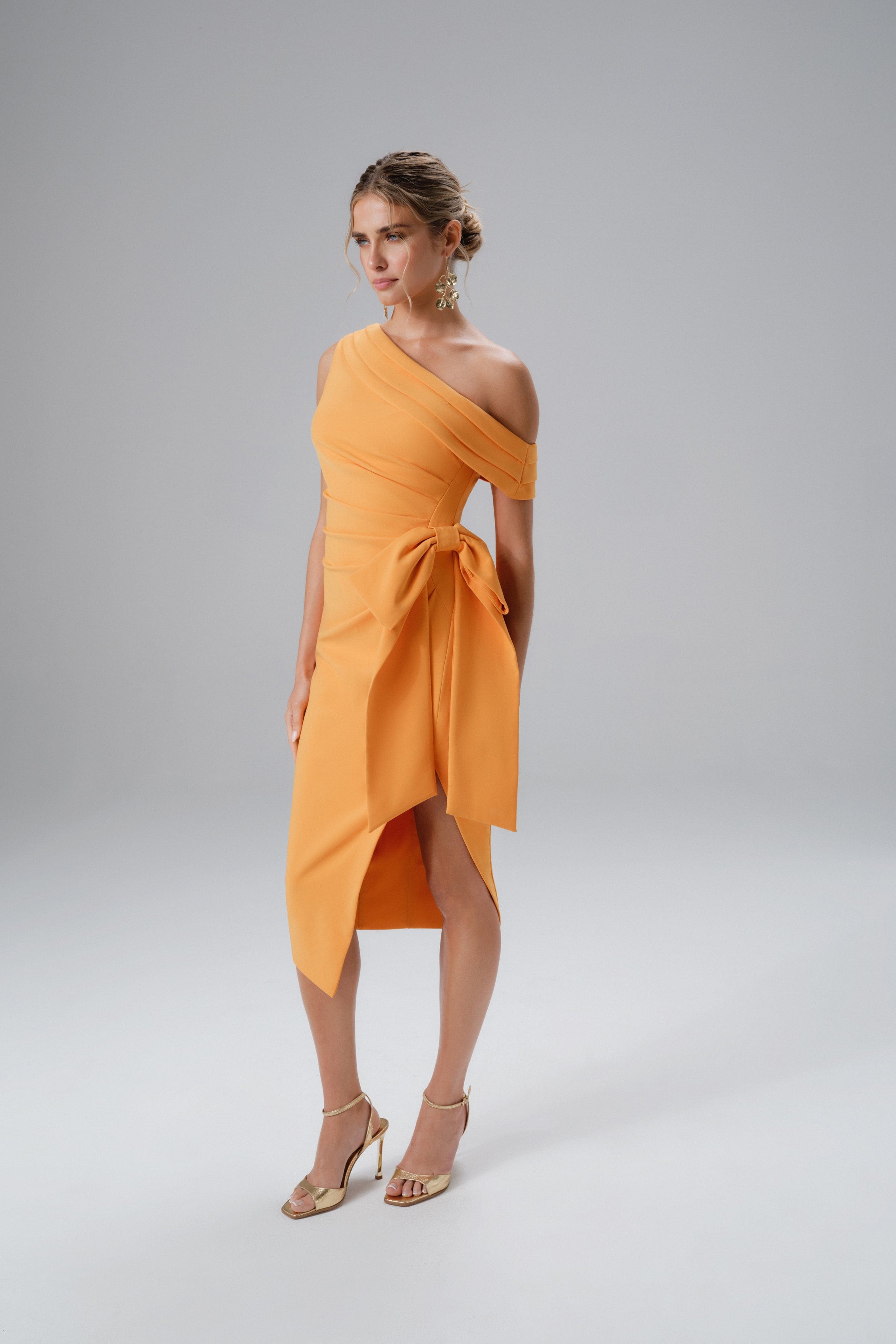 HONEY One Shoulder Pleated Bow Midi Dress in Orange