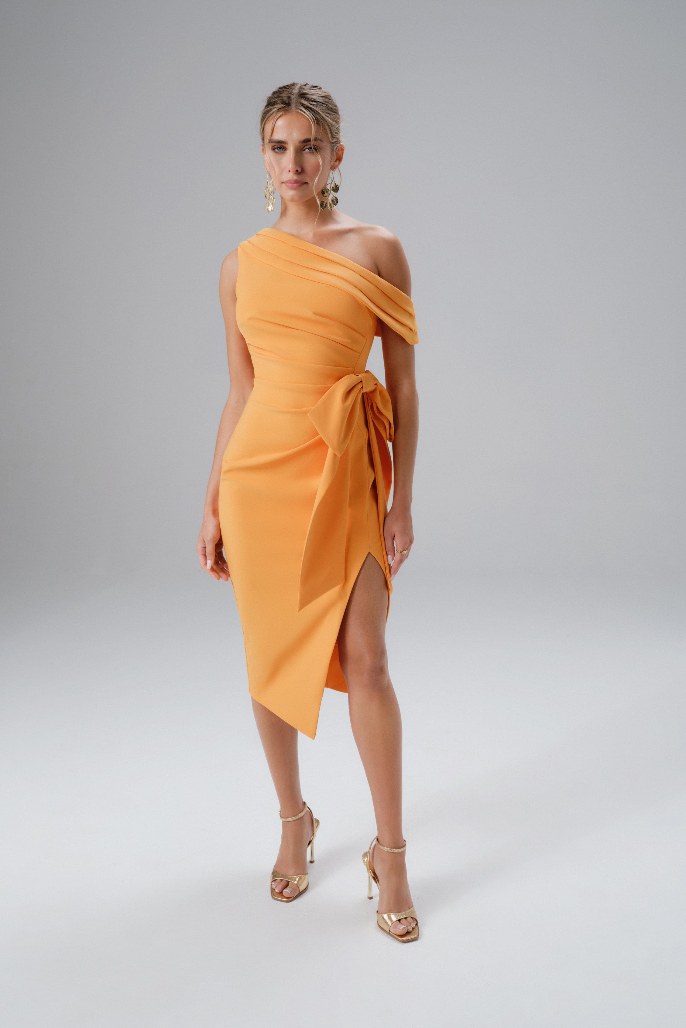 HONEY One Shoulder Pleated Bow Midi Dress in Orange