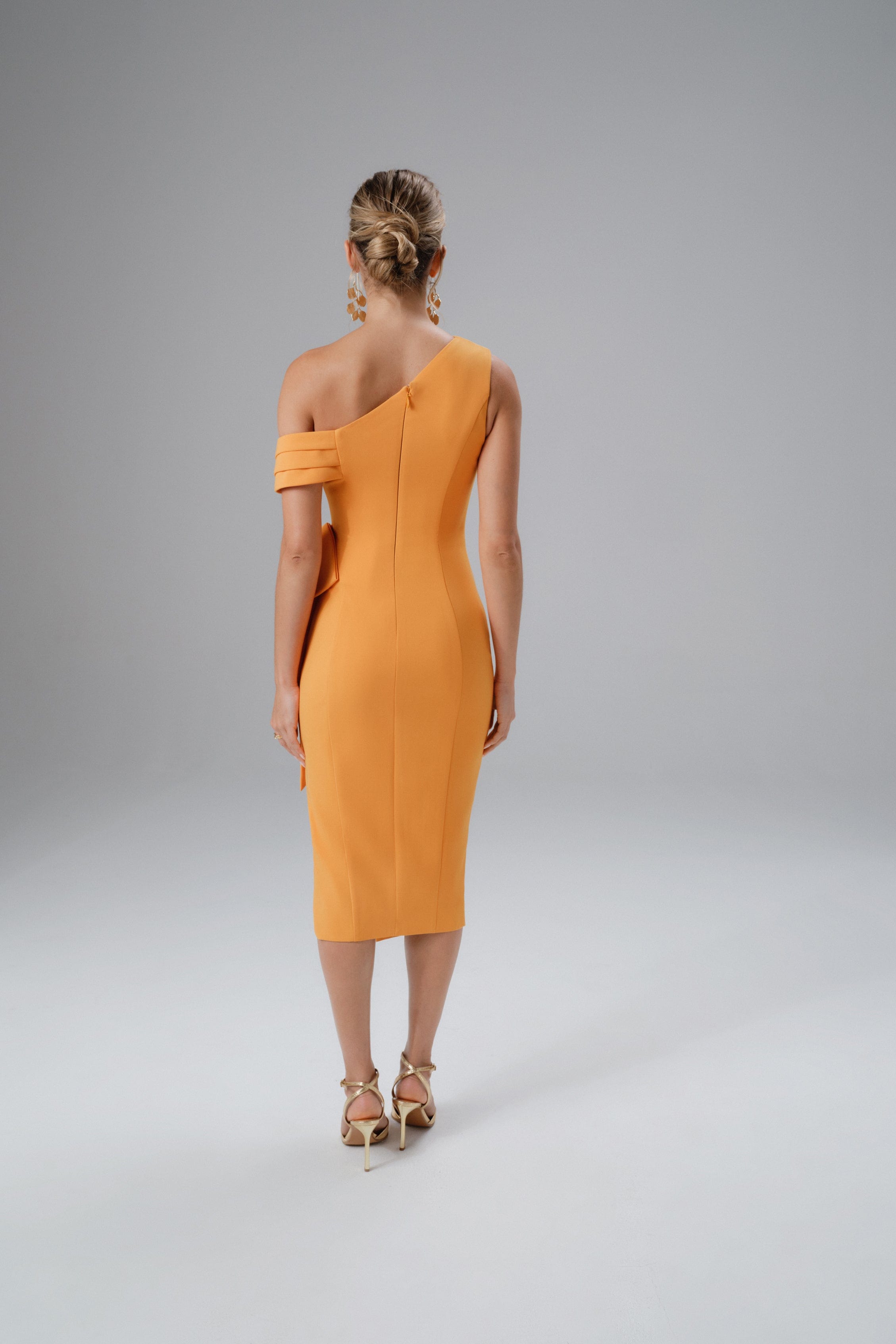 HONEY One Shoulder Pleated Bow Midi Dress in Orange