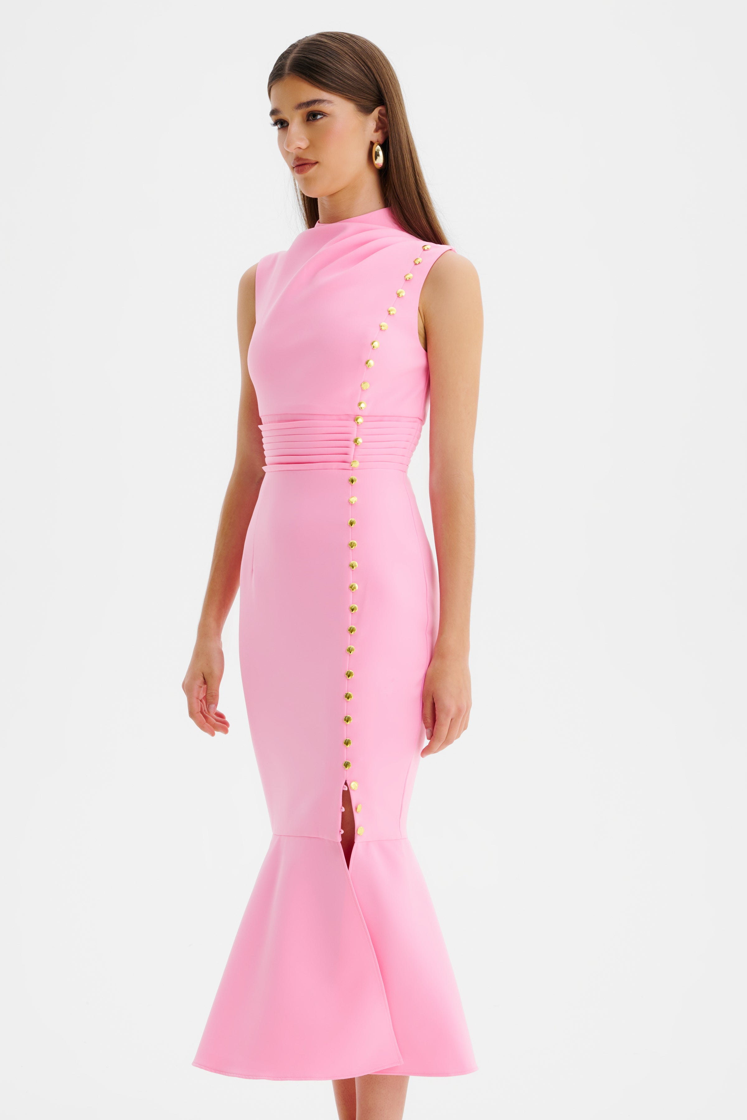 SAFFRON High Neck Micro Shell Button Midi Dress in Pink