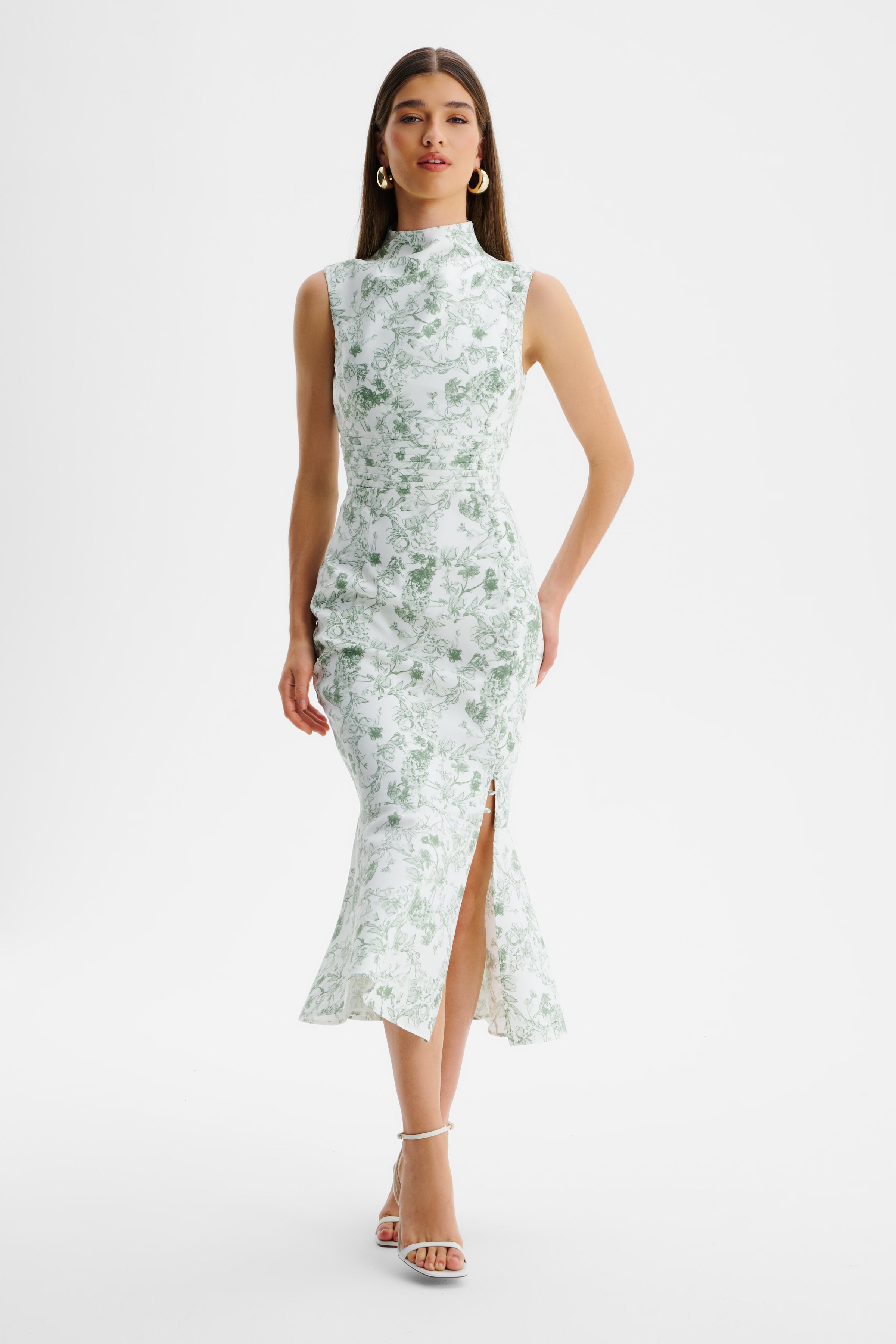 SAFFRON High Neck Crepe Midi Dress in Sage Porcelain Print