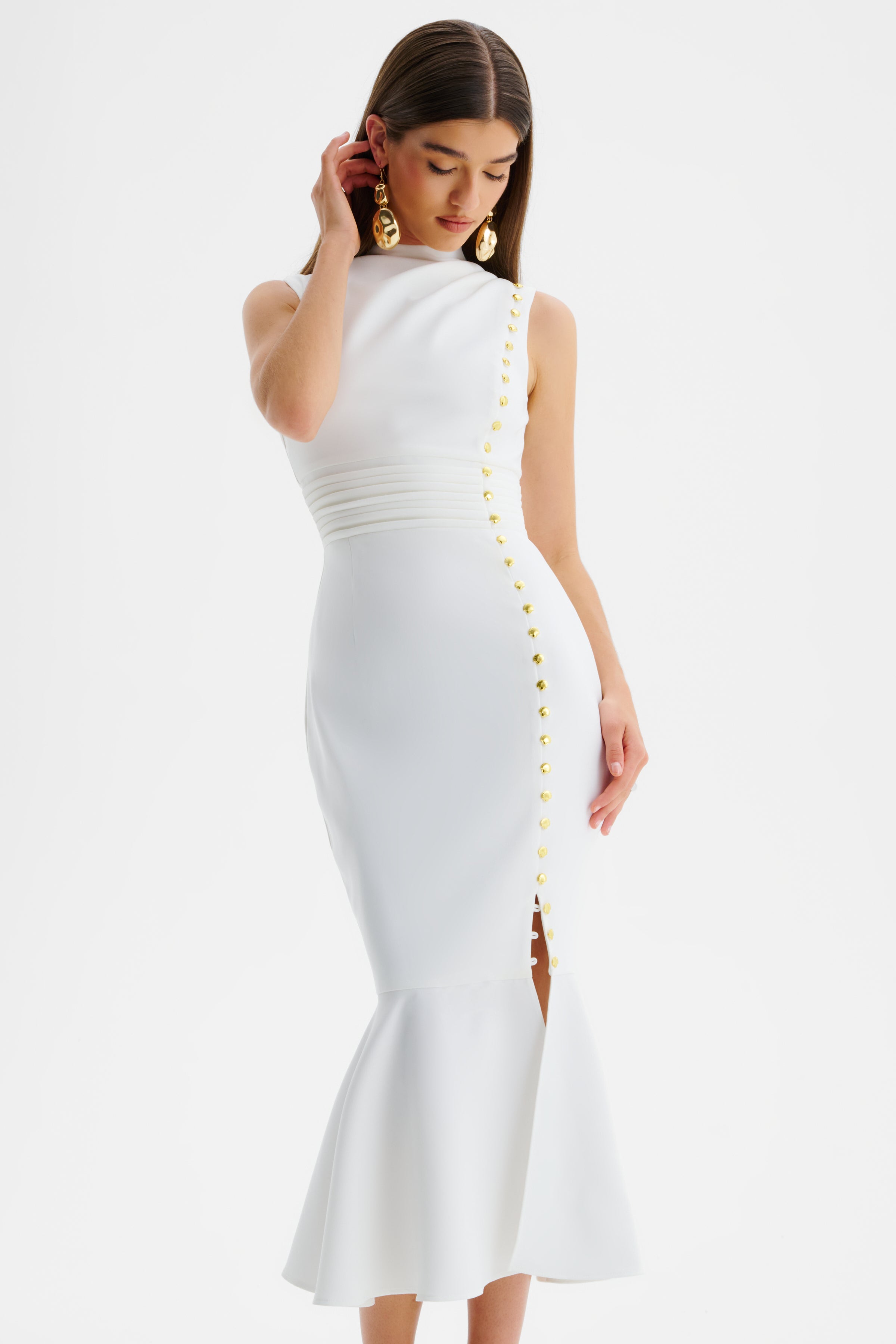 SAFFRON High Neck Micro Shell Button Midi Dress in White