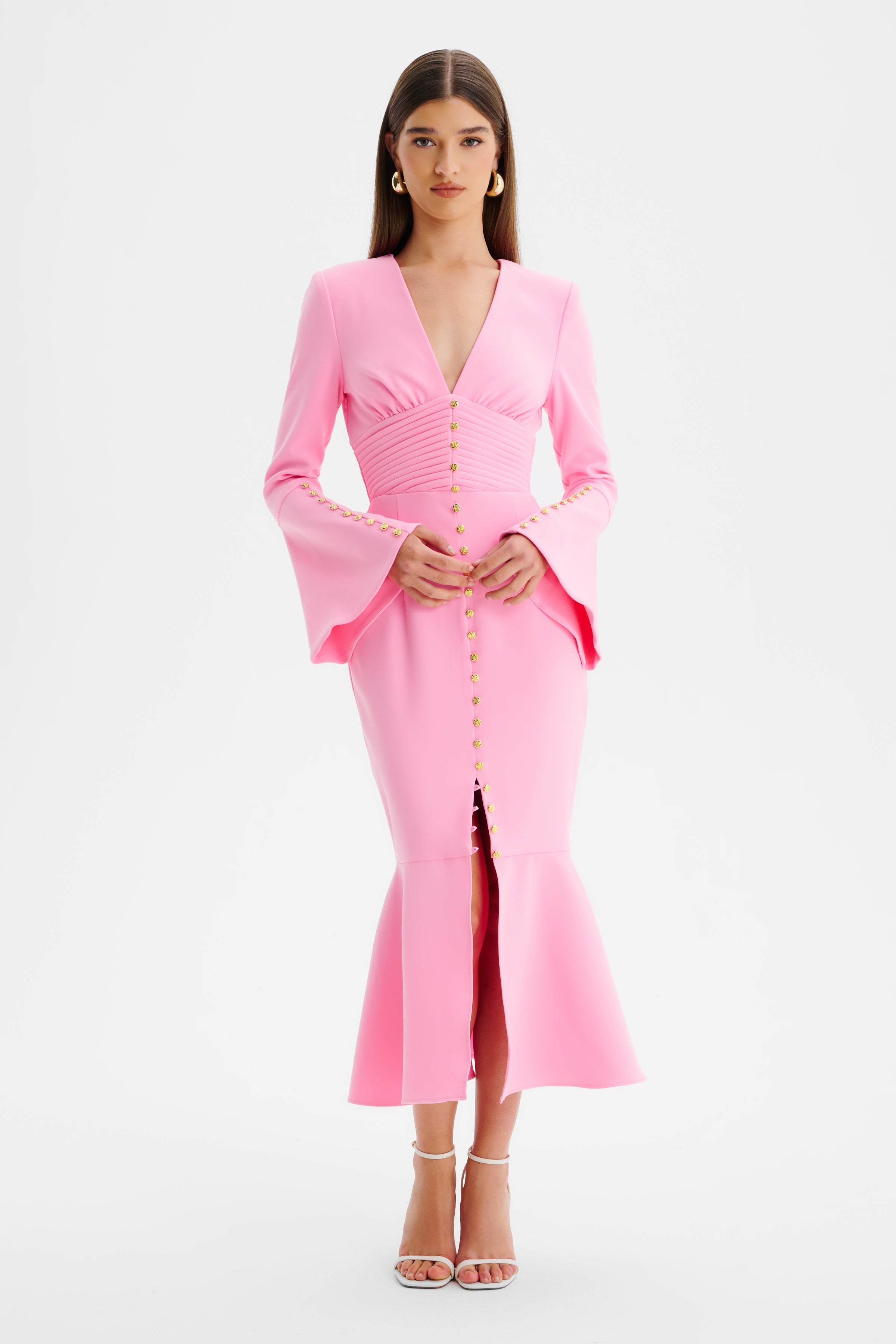 SALMA Fluted Sleeve Micro Rose Button Midi Dress in Pink