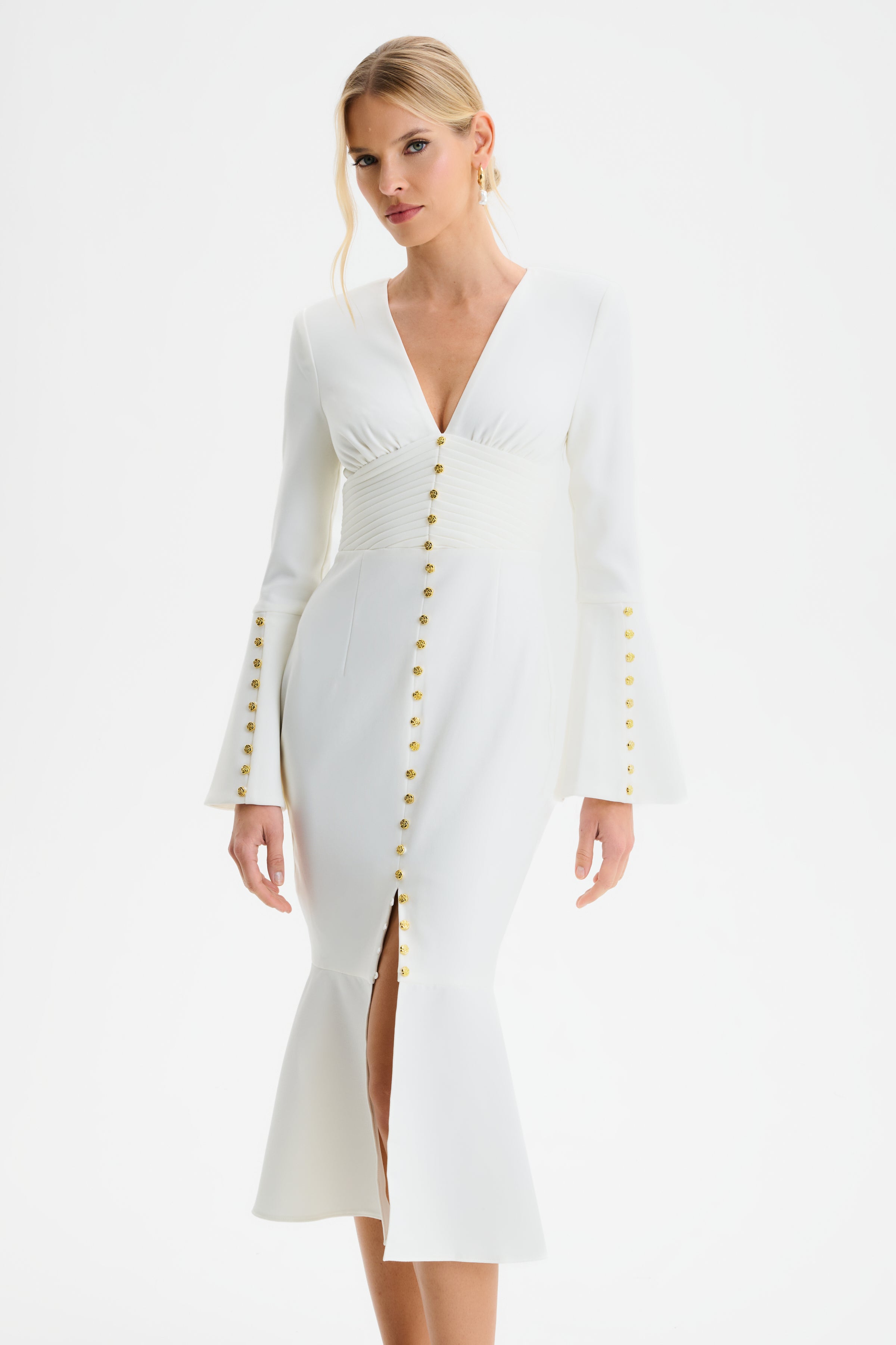 SALMA Fluted Sleeve Micro Rose Button Midi Dress in White