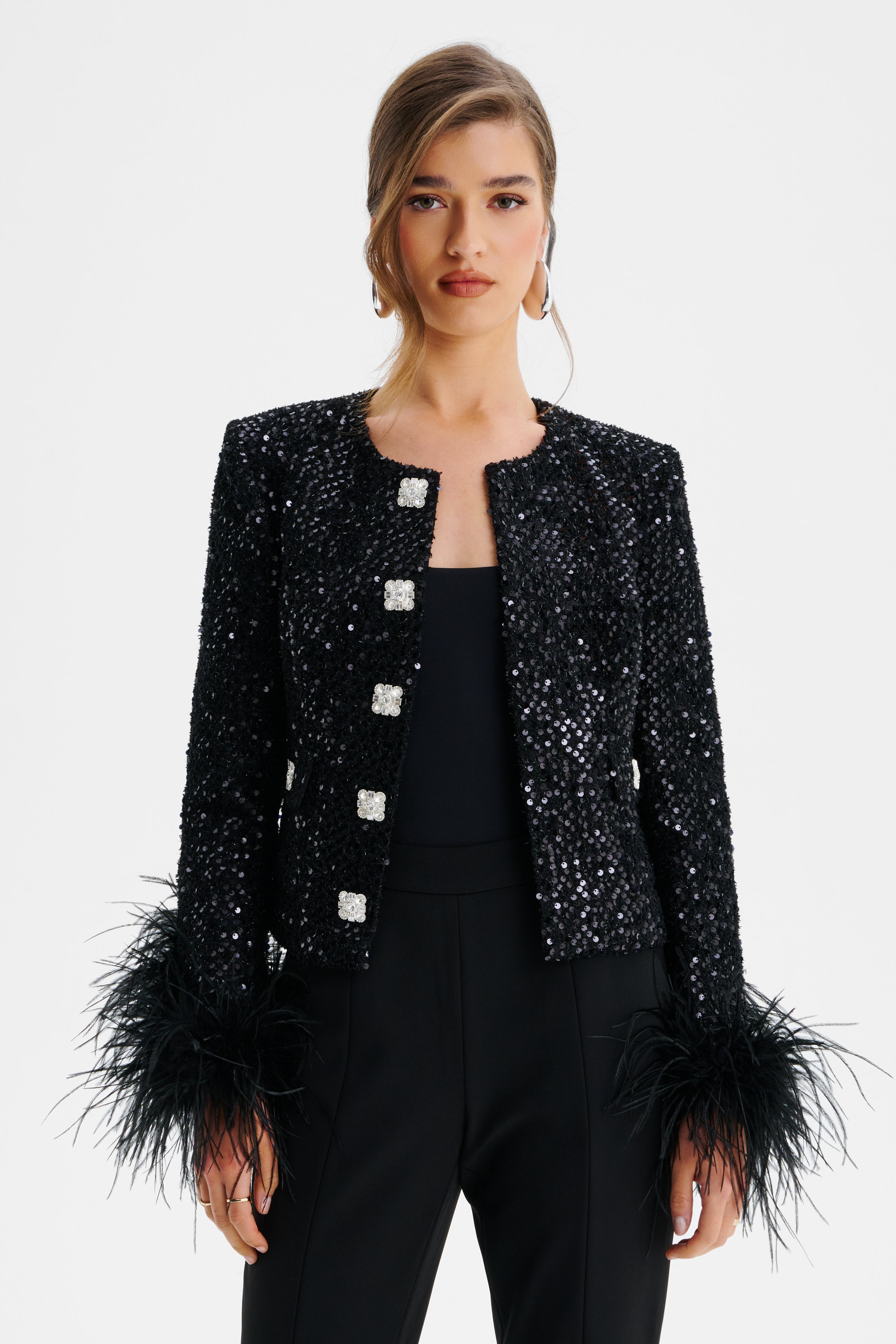 LARIA Sequin Boucle Jacket with Fur Cuffs in Black