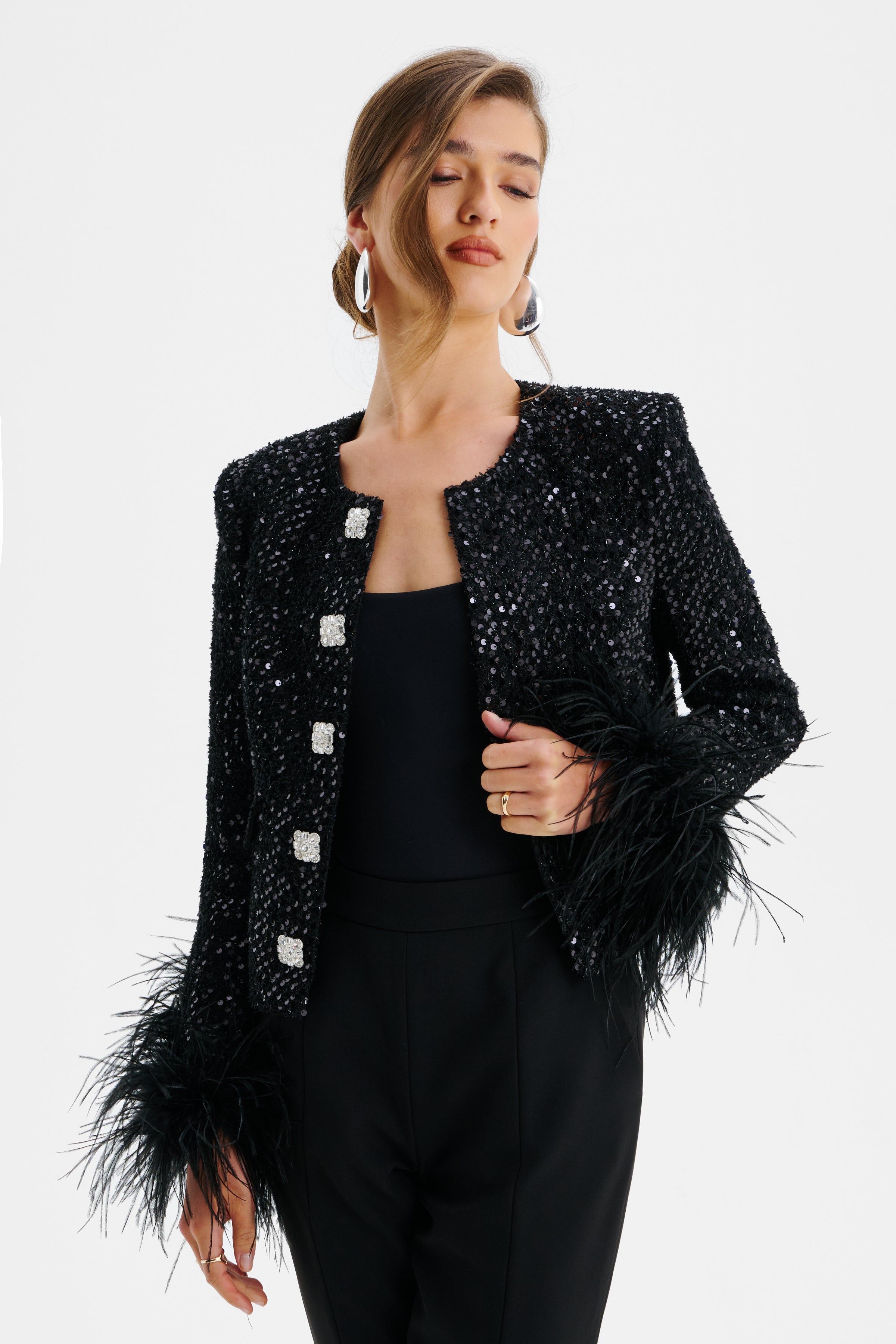 LARIA Sequin Boucle Jacket with Fur Cuffs in Black