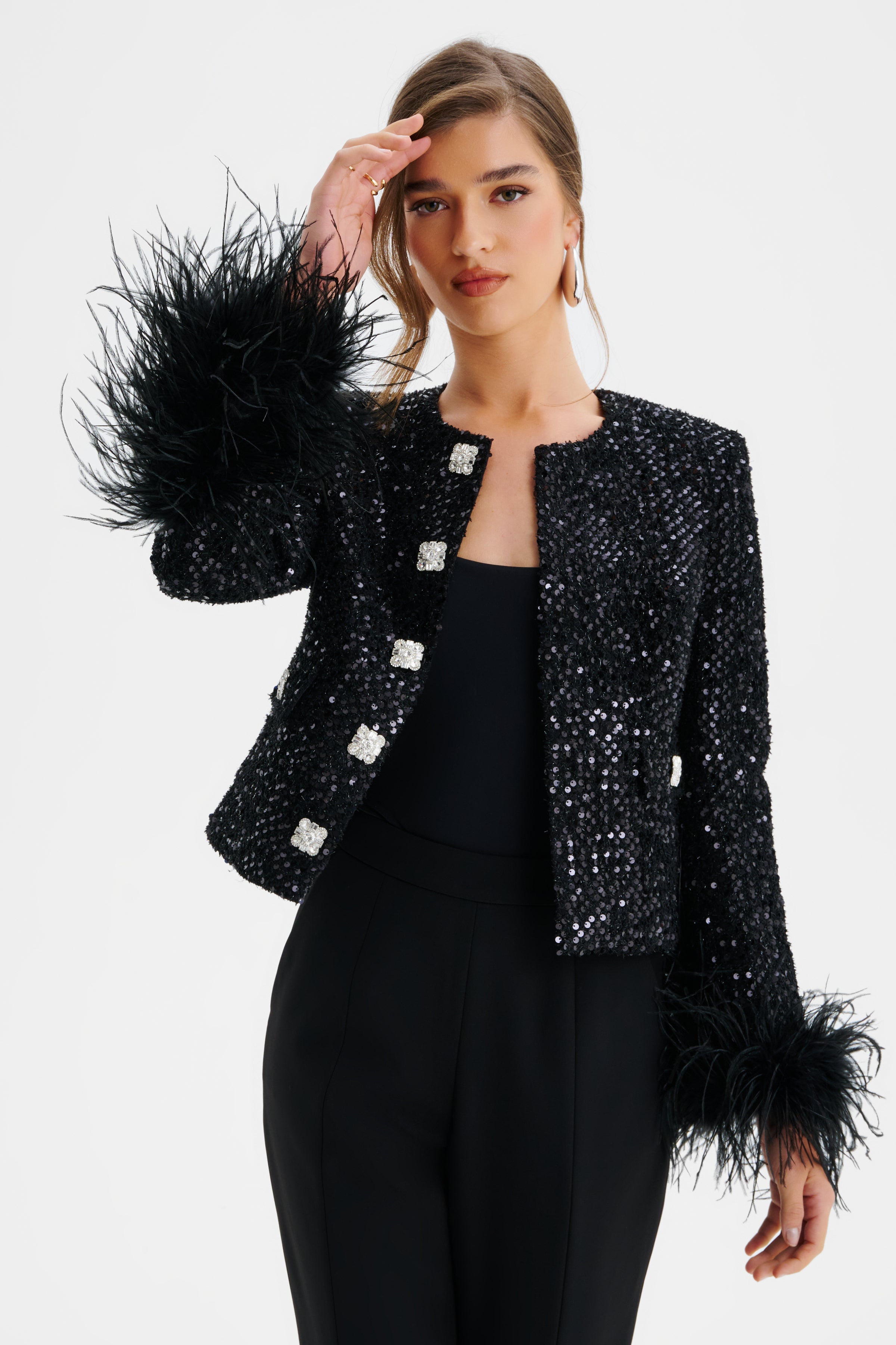 LARIA Sequin Boucle Jacket with Fur Cuffs in Black