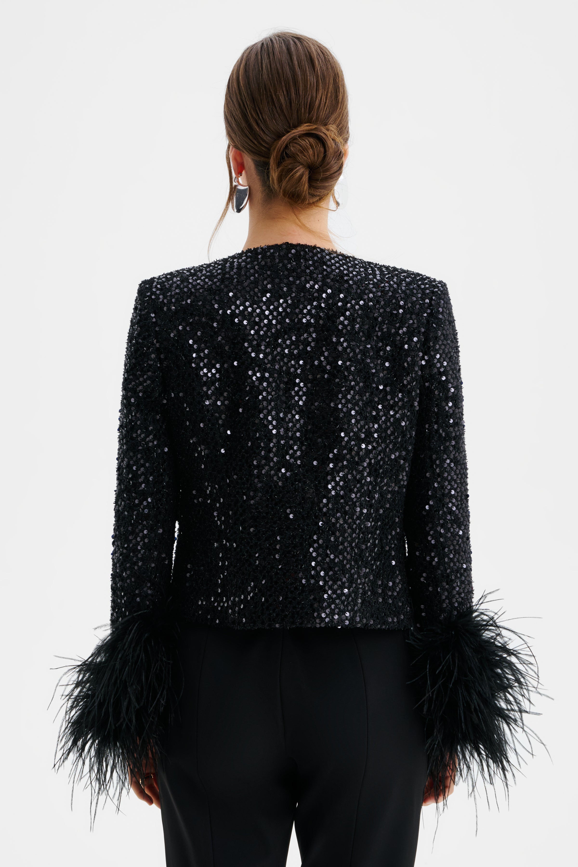 LARIA Sequin Boucle Jacket with Fur Cuffs in Black