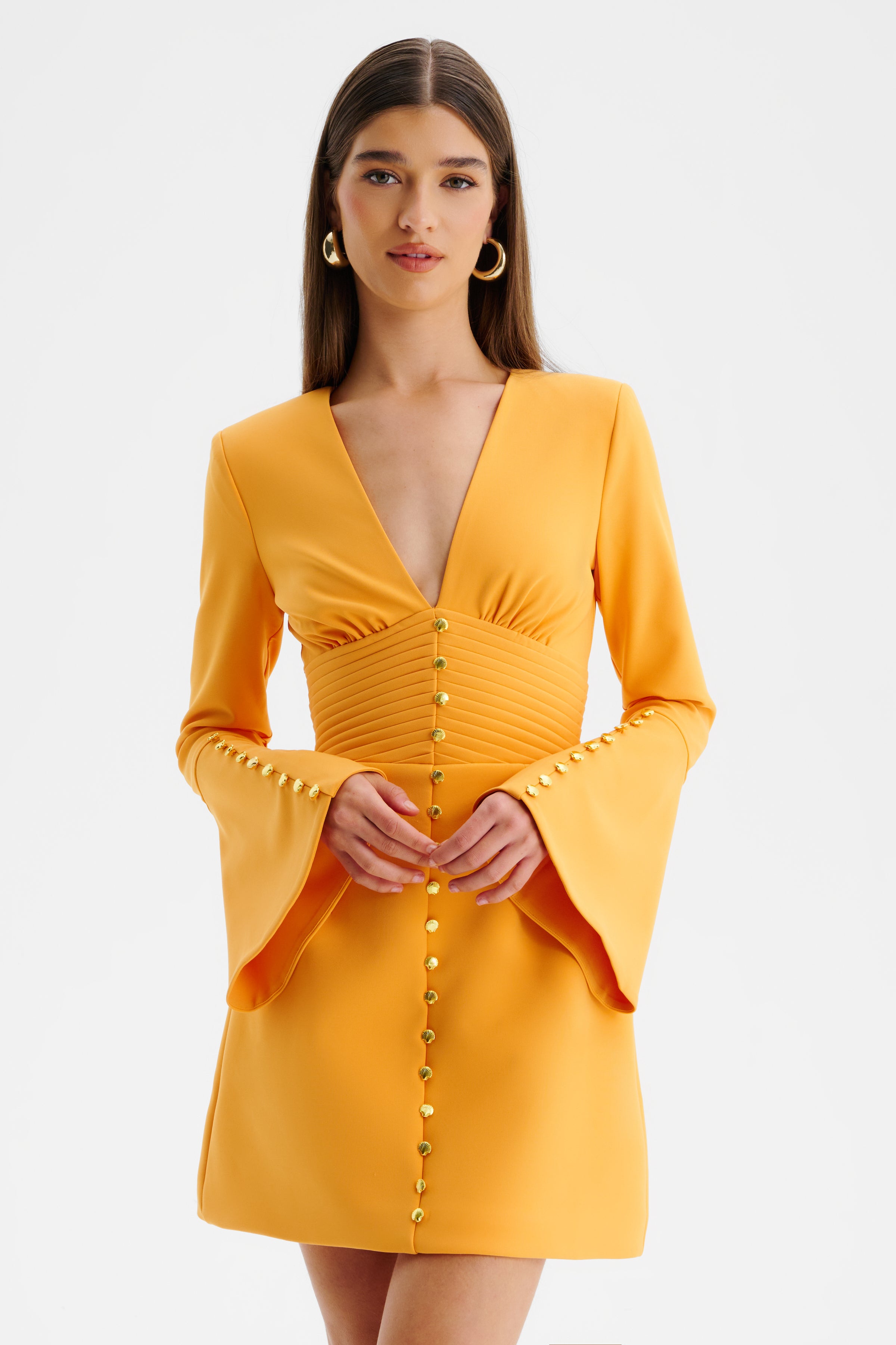 LARA Fluted Sleeve Micro Button Mini Dress in Orange