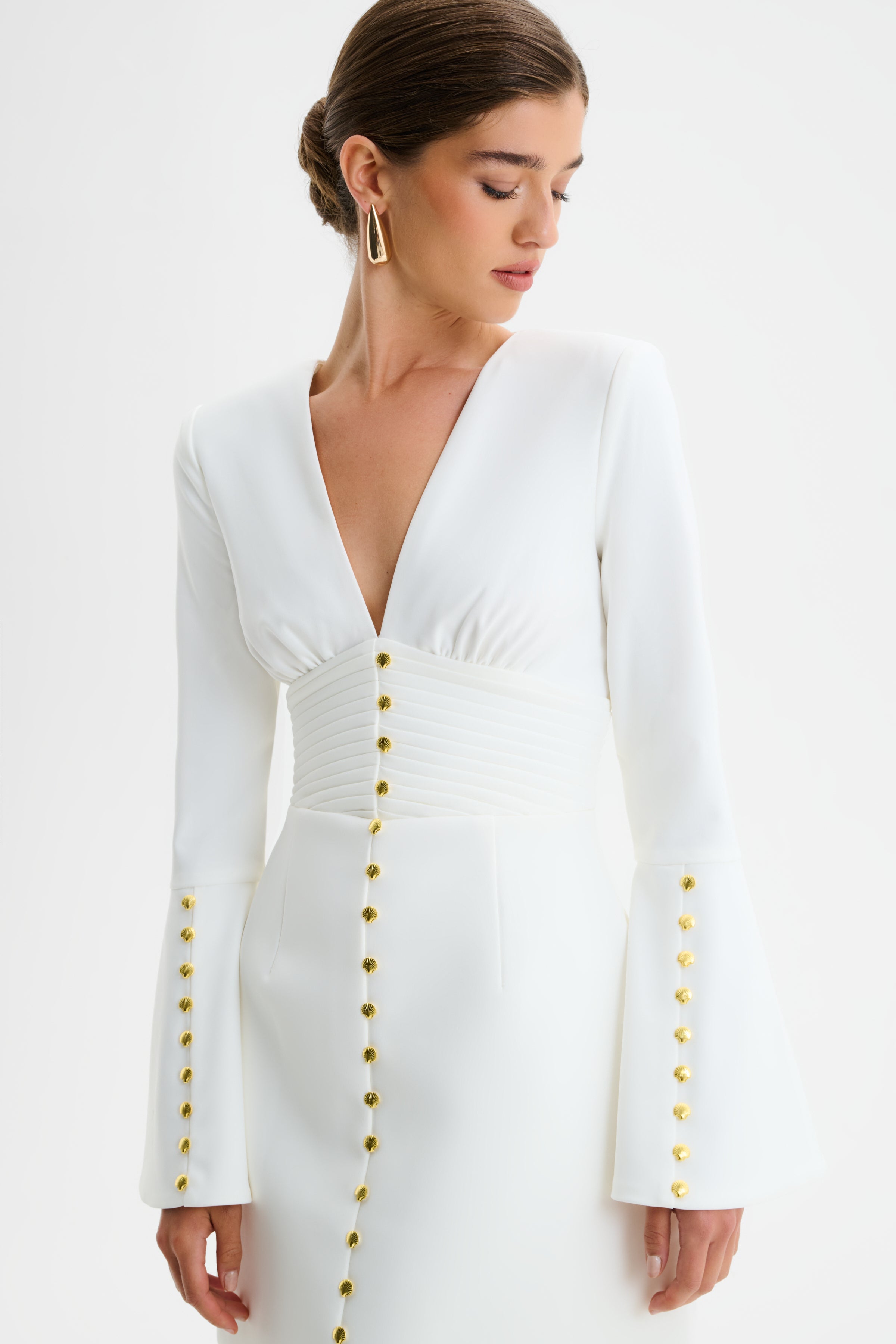 LARA Fluted Sleeve Micro Shell Button Mini Dress in White