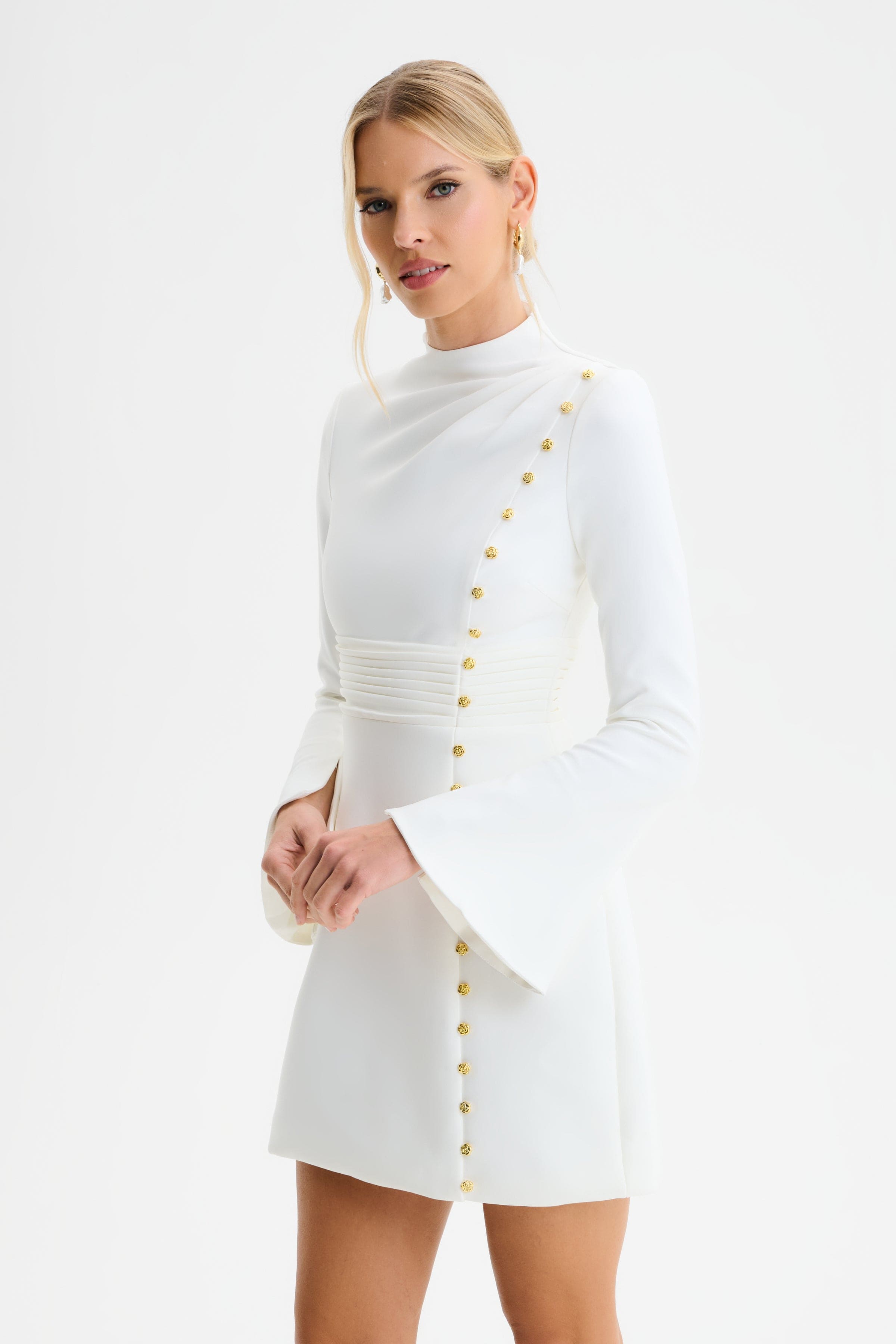 GEMMA High Neck Rose Button Long Sleeve Mini Dress in White