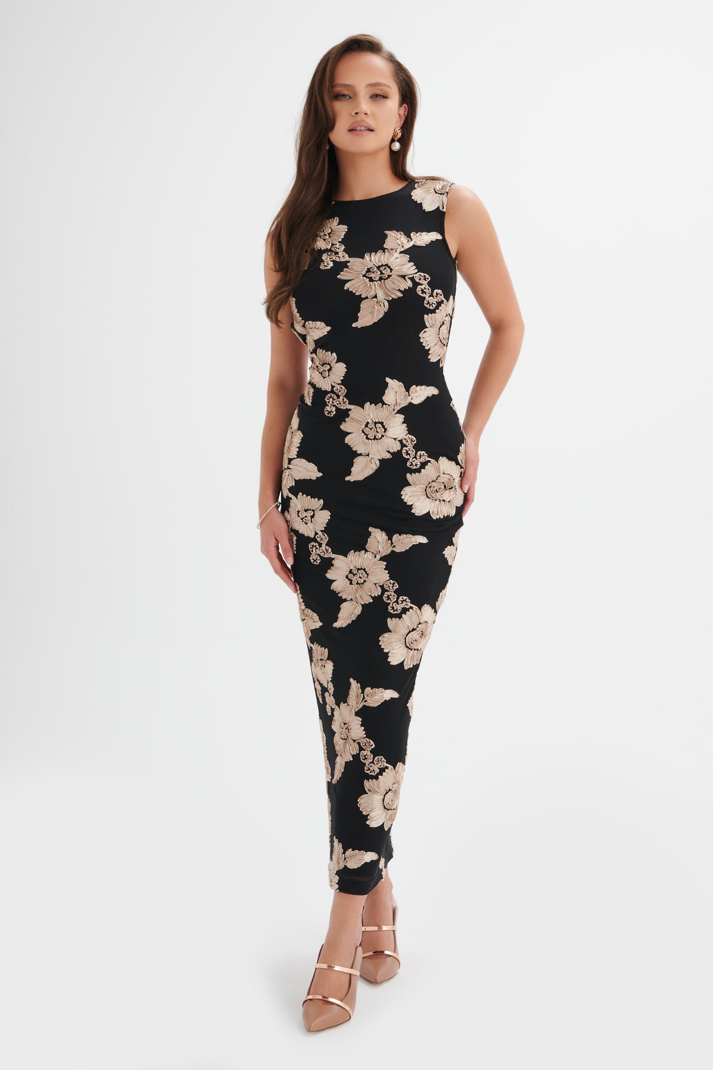 MABEL Floral Satin Applique Longline Mesh Maxi Dress in Black