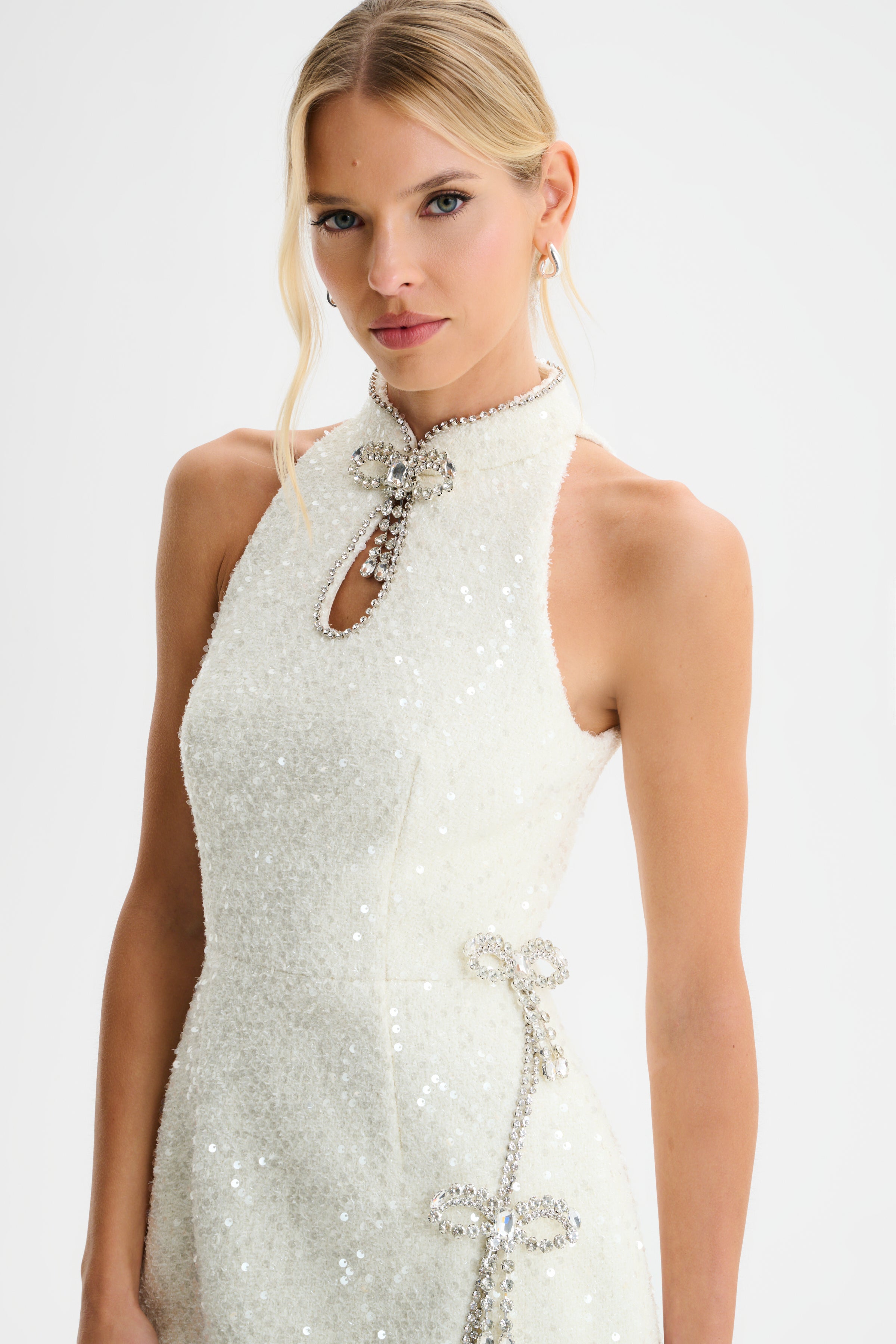 SOLENE Sequin Boucle High Collar Mini Dress with Bow Embellishment in Cream