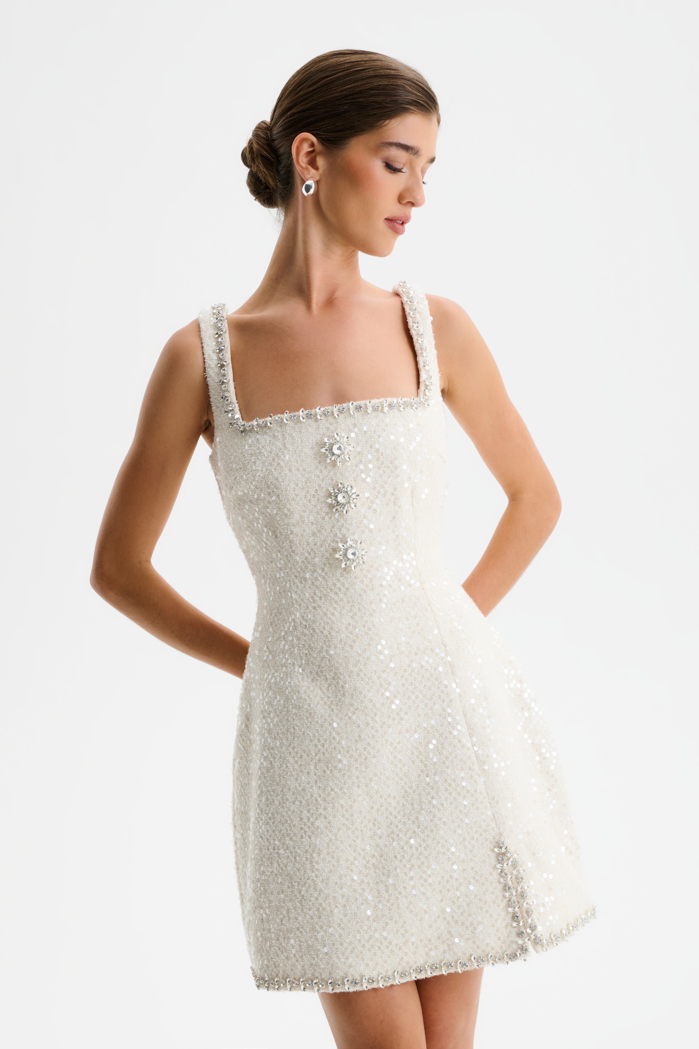 ZOEY Embellished Boucle Tulip Mini Dress in Beige