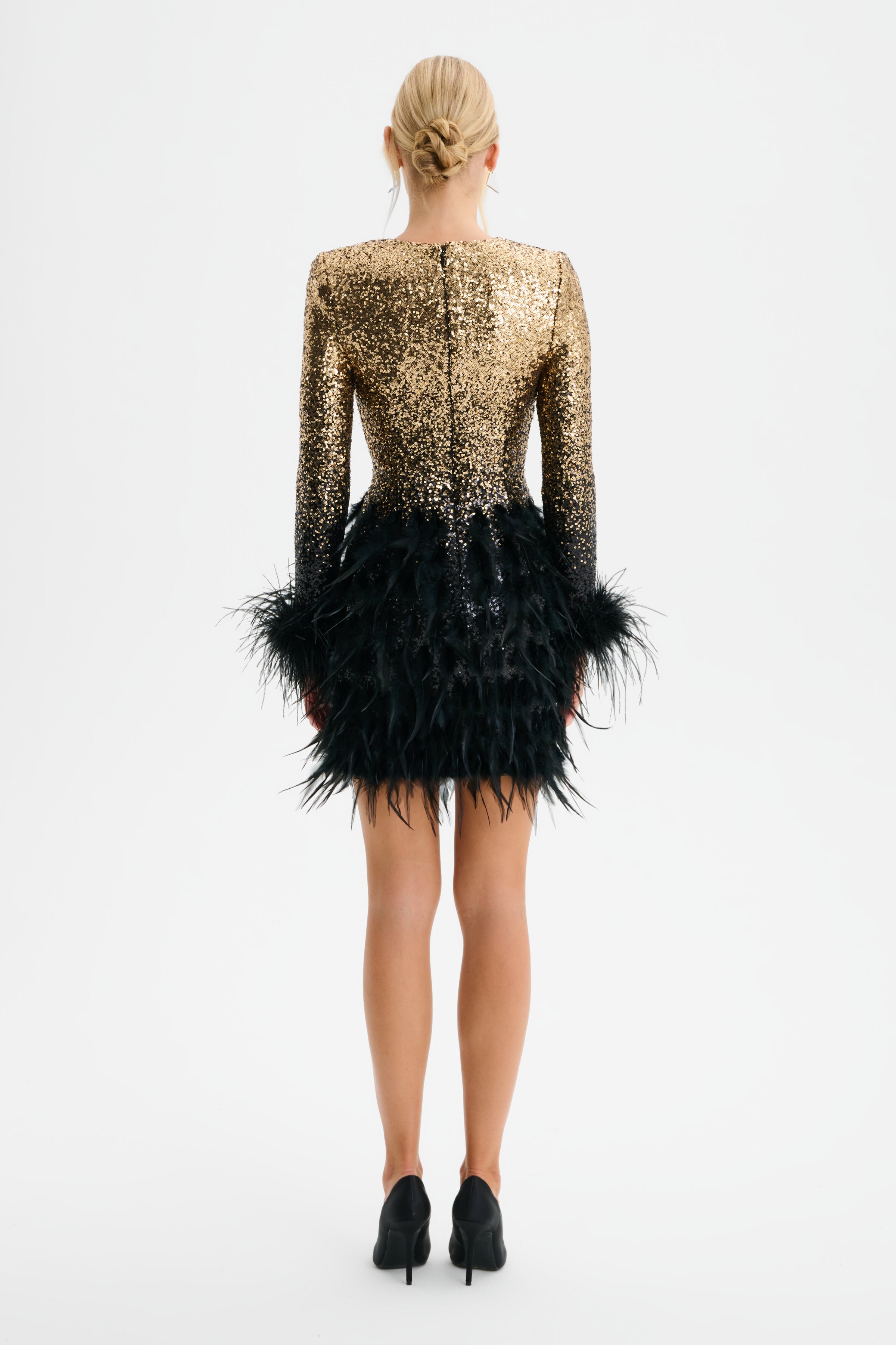BRIANNA Embellished Feather Mini Dress In Gold and Black Ombre