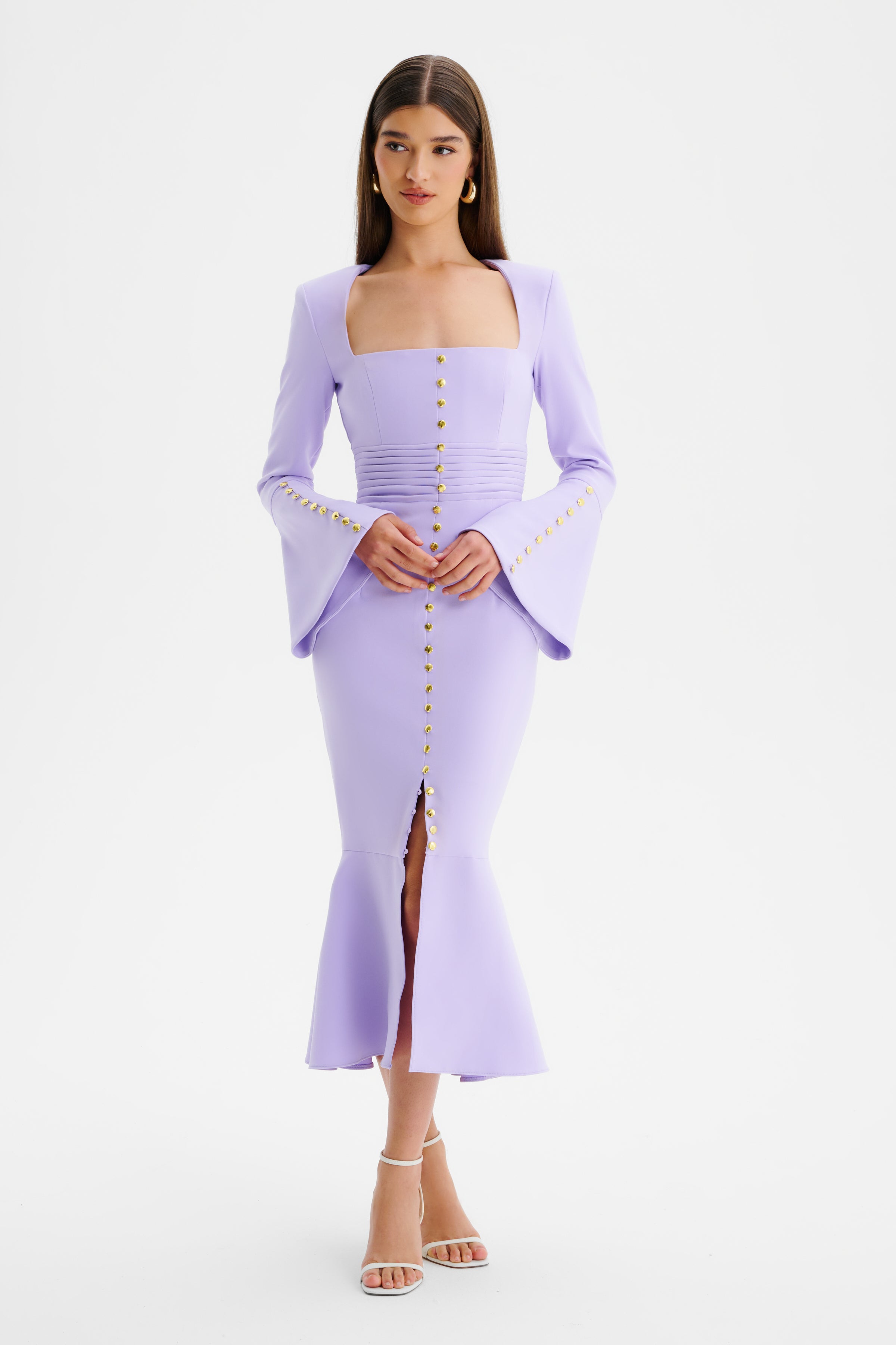 SERENA Fluted Sleeve Micro Shell Button Midi Dress in Purple