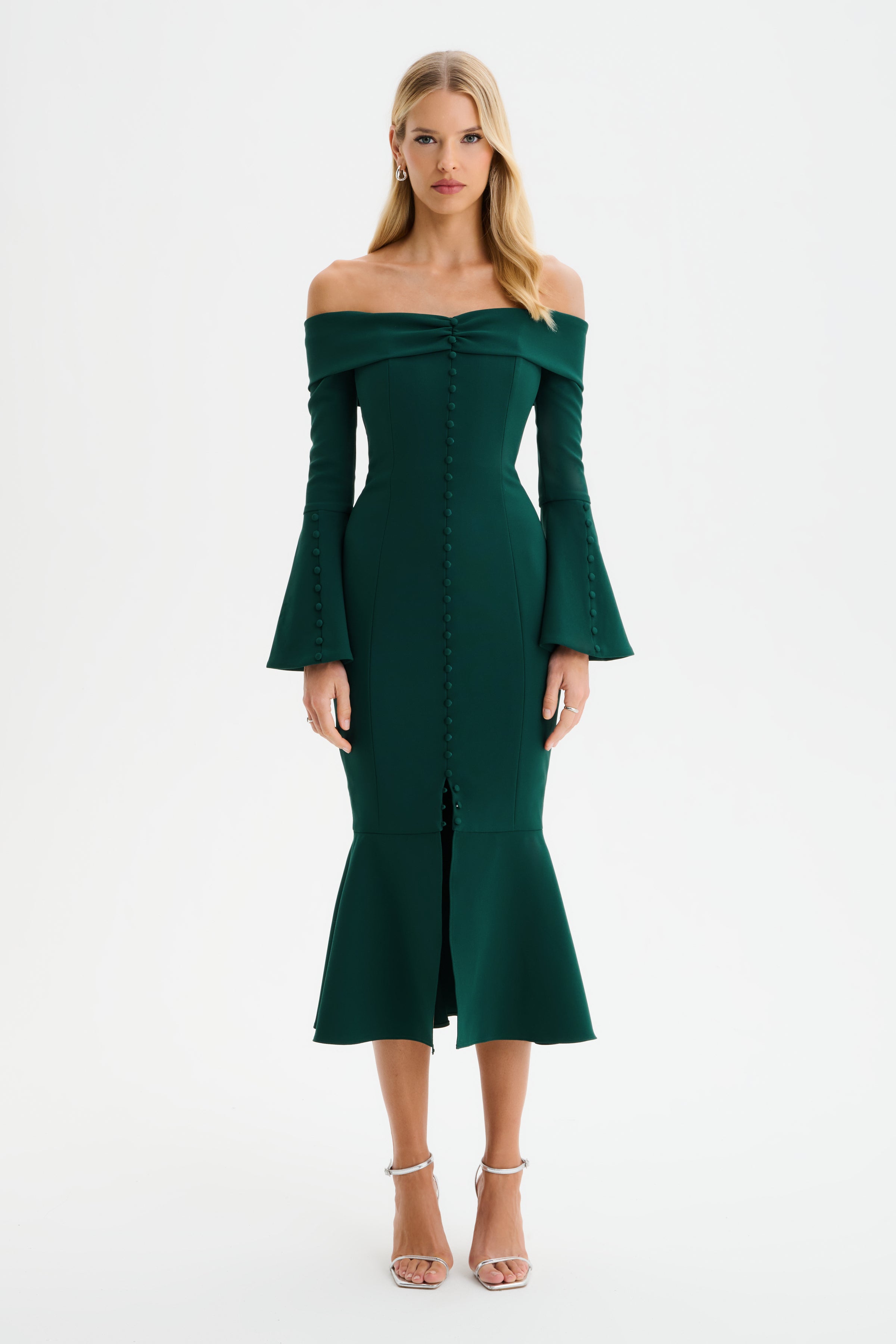 CIARA Off Shoulder Micro Button Midi Dress in Emerald Green
