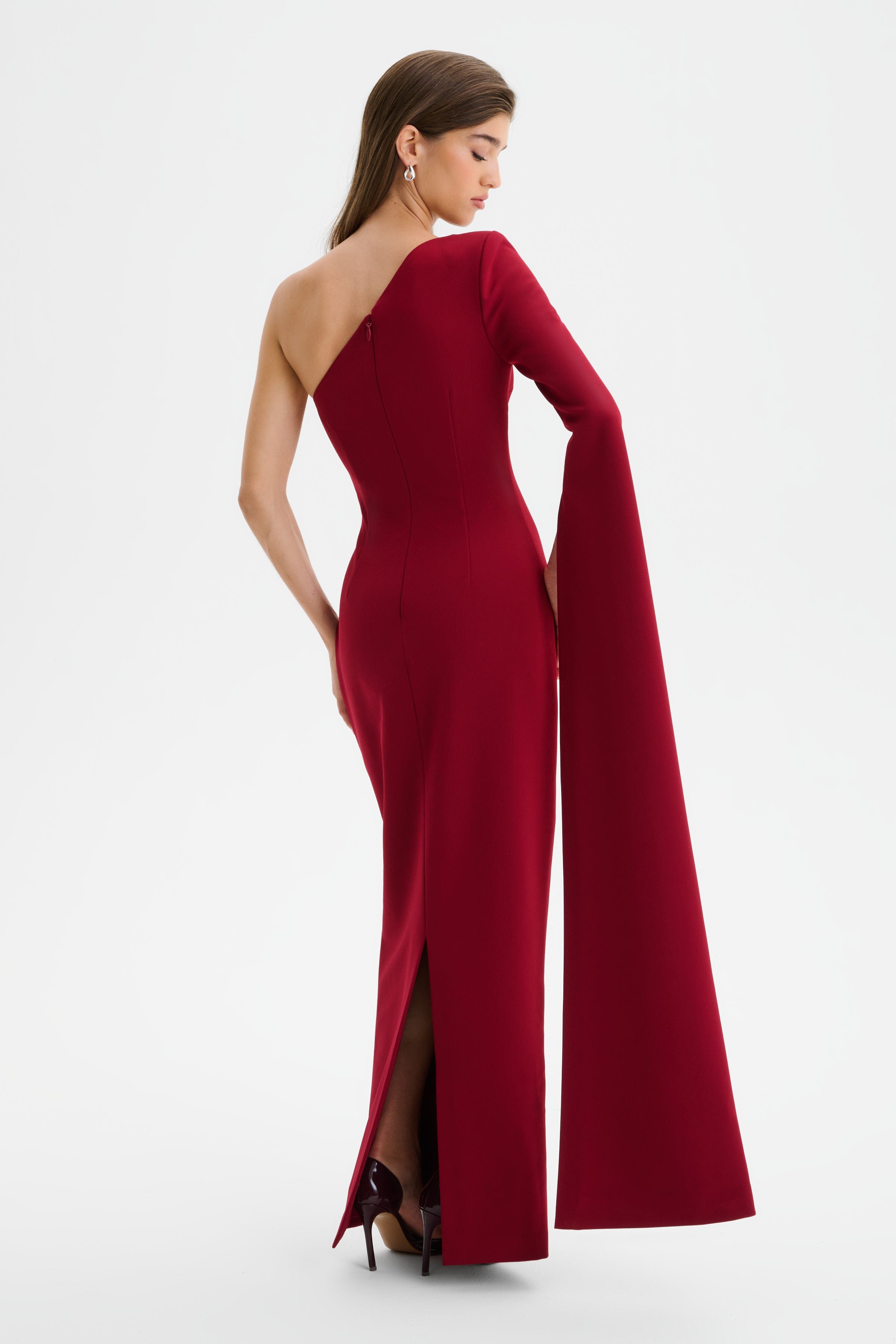 PHOEBE One Shoulder Cape Sleeve Maxi Dress in Burgundy