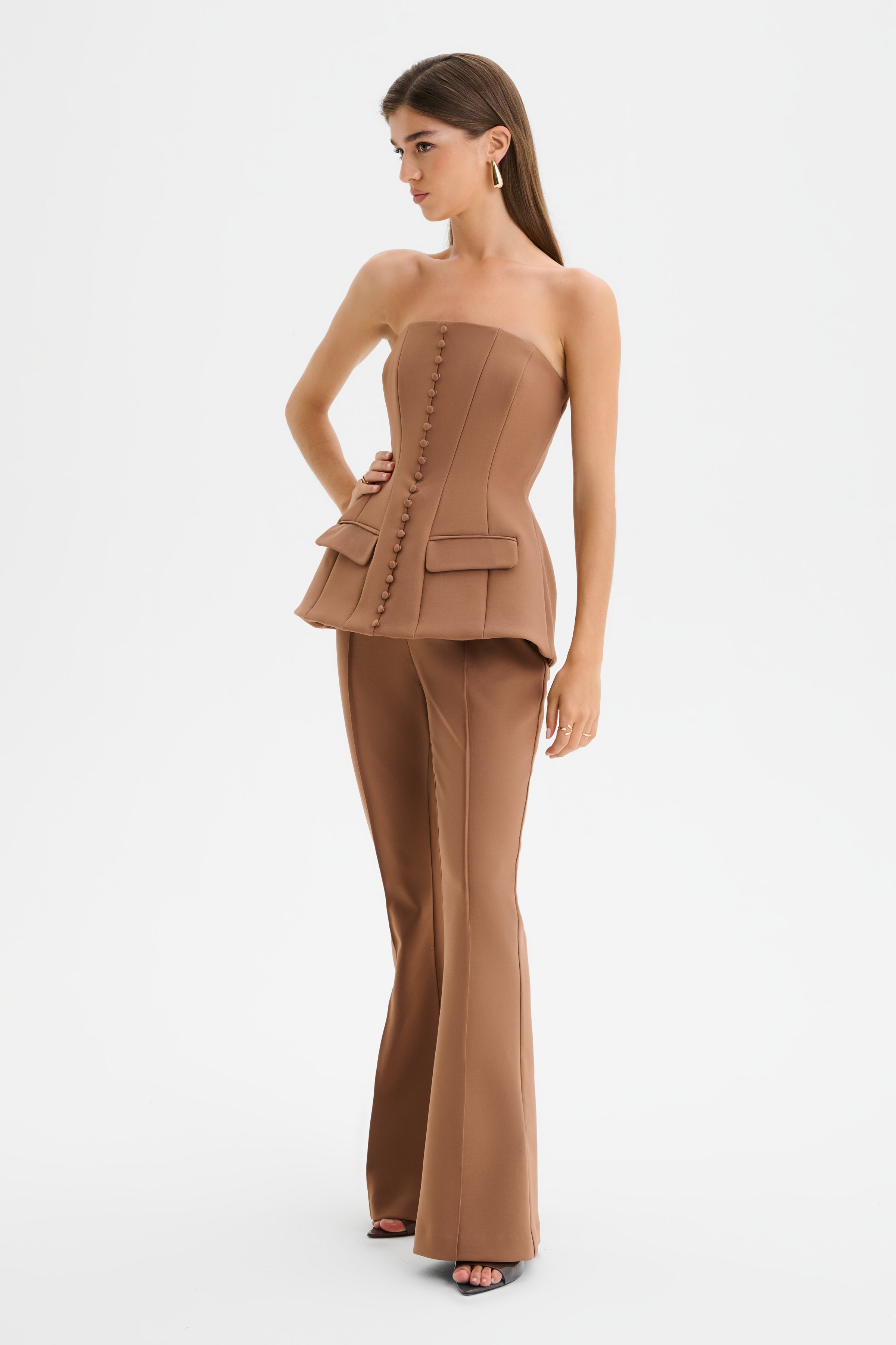 AMY Structured Strapless Jumpsuit in Brown