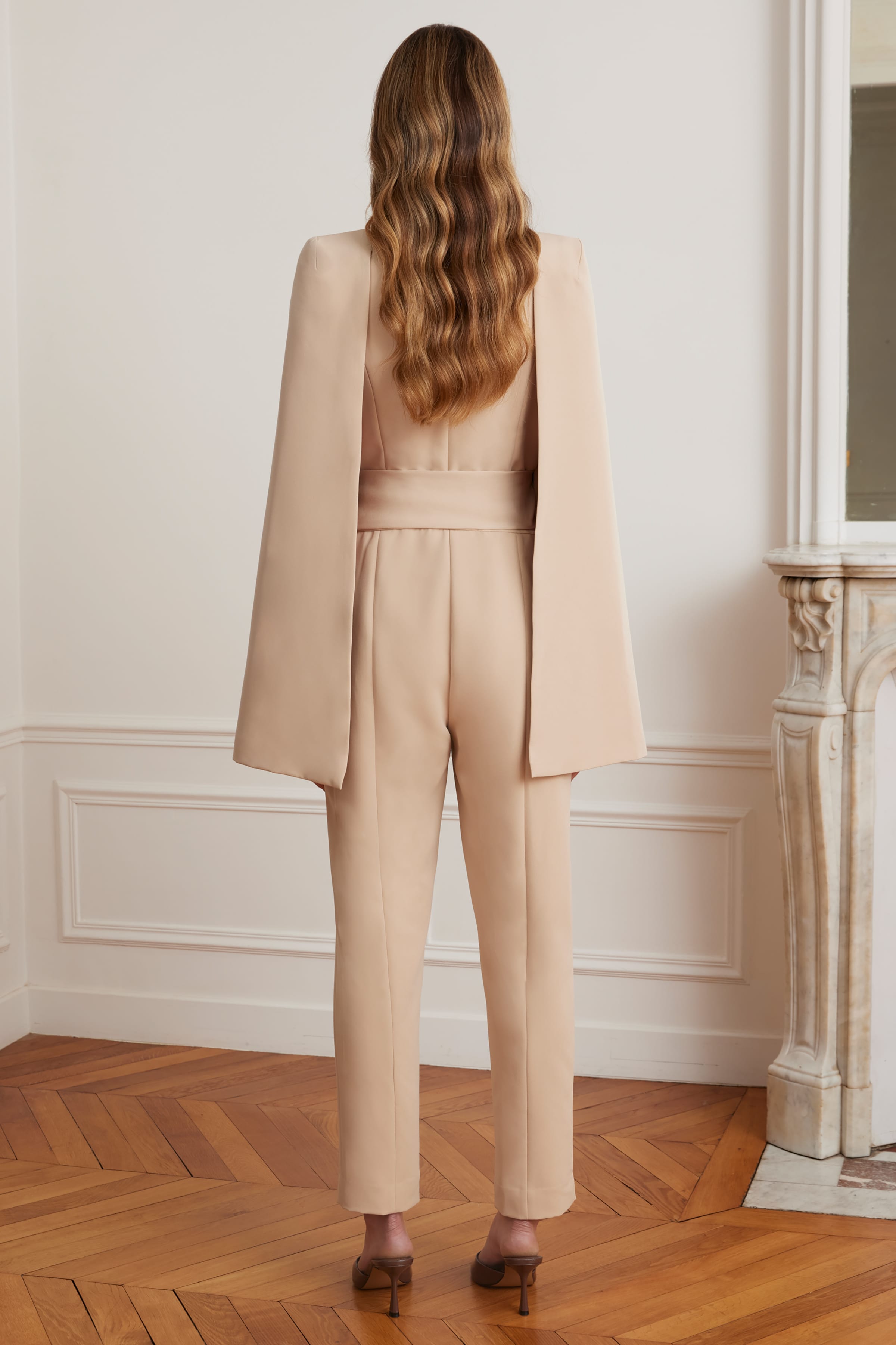 LILIA Cape Sleeve Self Wrap Tailored Jumpsuit In Sand