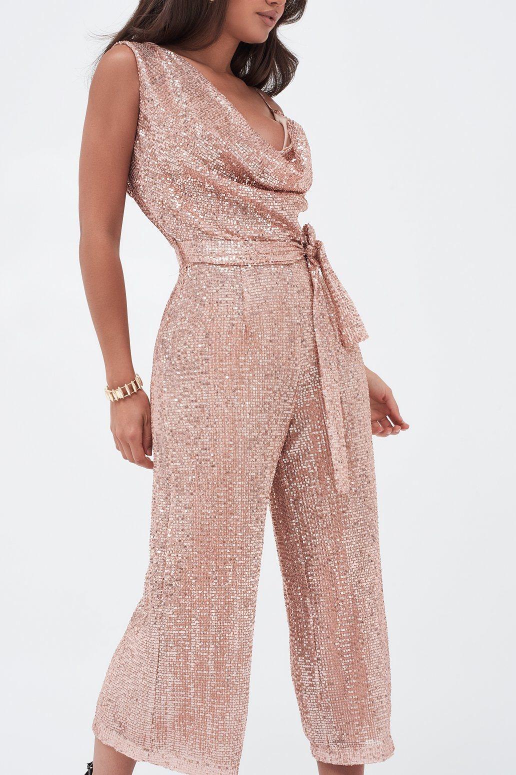 Pleated Sequin Cowl Neck Culotte Jumpsuit In Pink - Lavish Alice