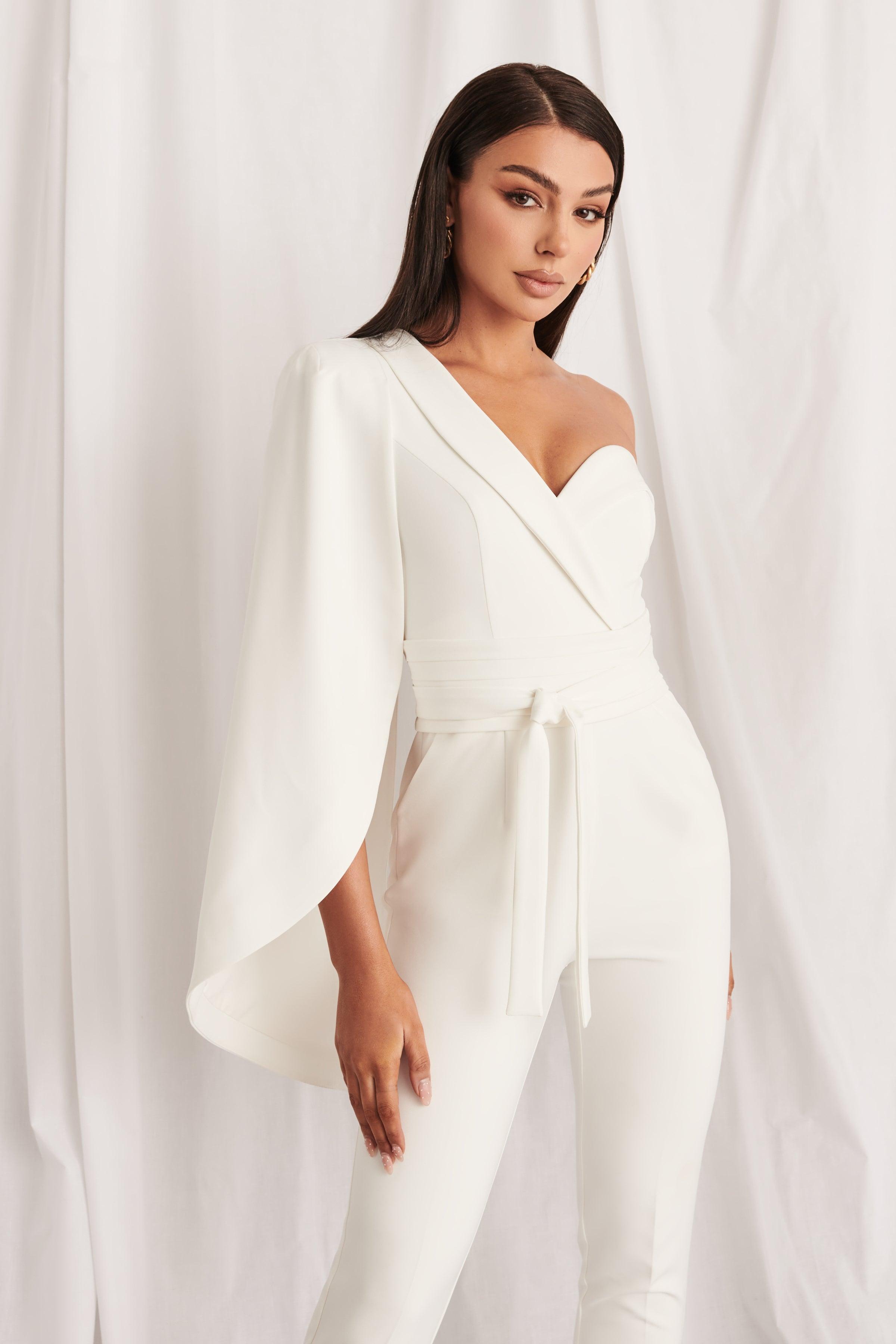 SIOBHAN Tailored One Shoulder Cape Jumpsuit in White - Lavish Alice