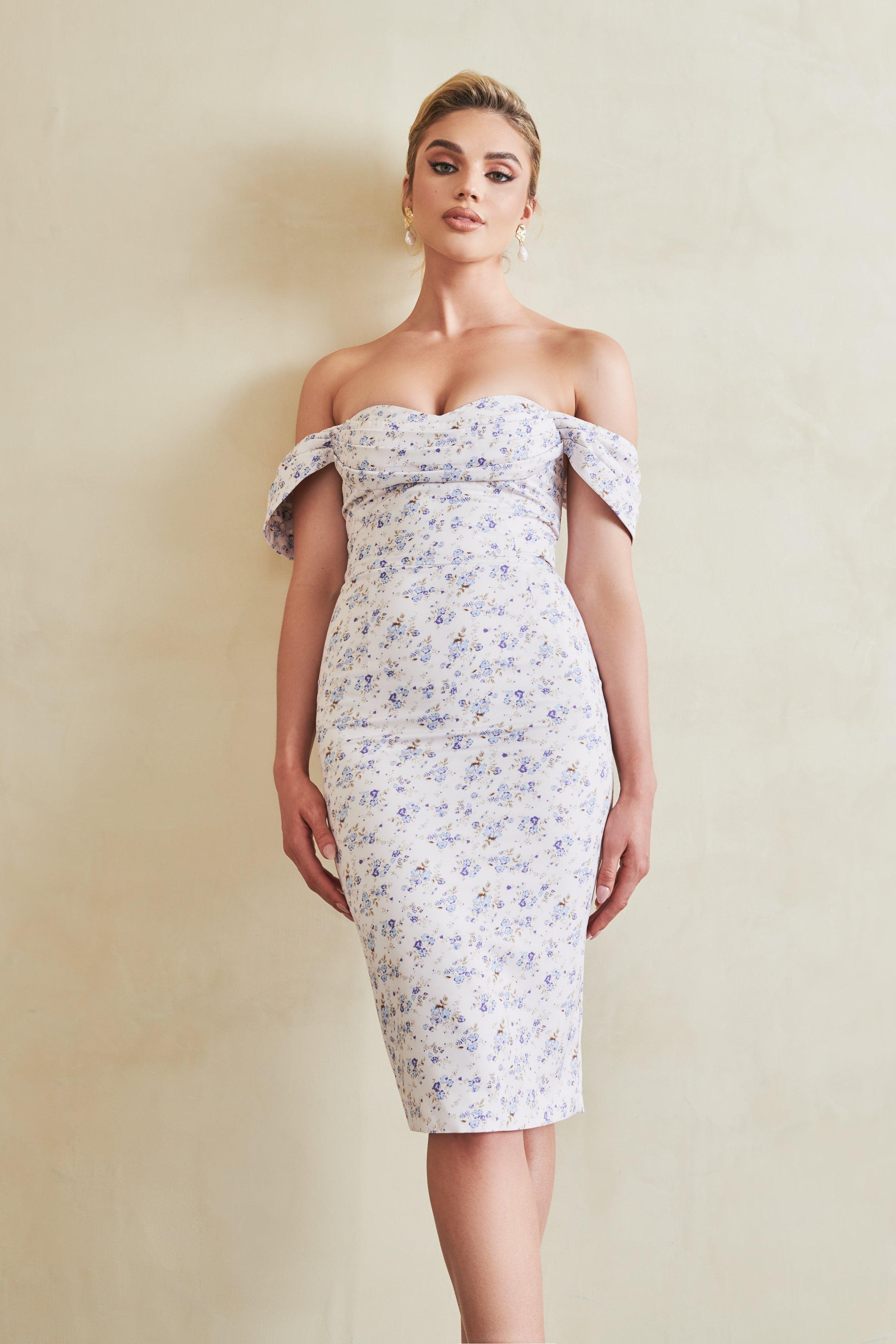 Bardot Cowl Midi Dress in Ditsy Floral - Lavish Alice