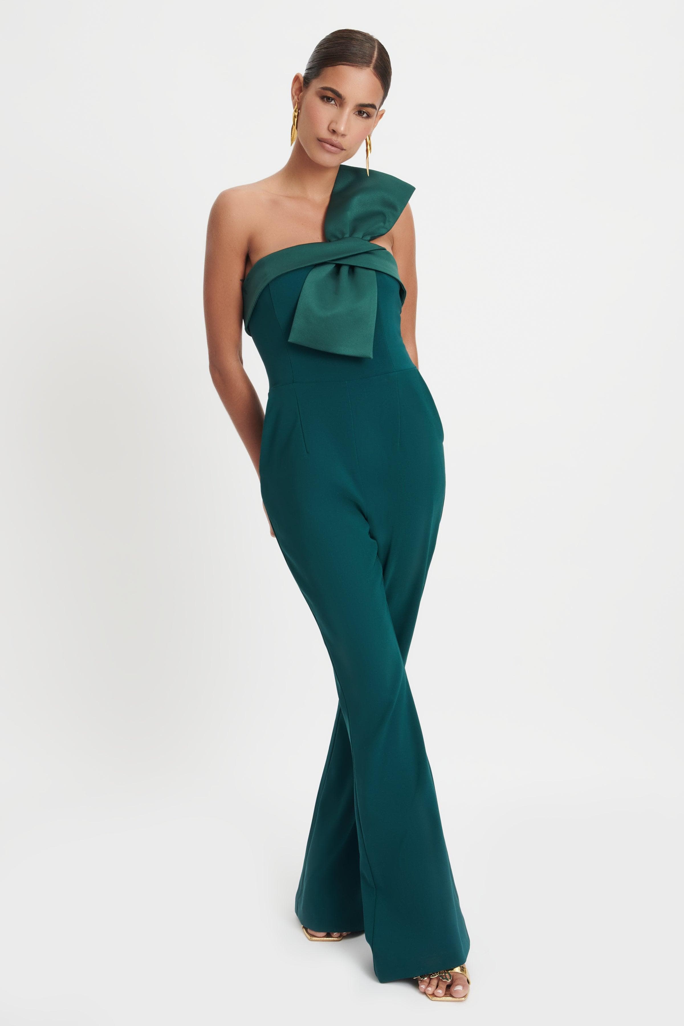 RIVER Satin Mix Bandeau Bow Detail Jumpsuit In Emerald - Lavish Alice