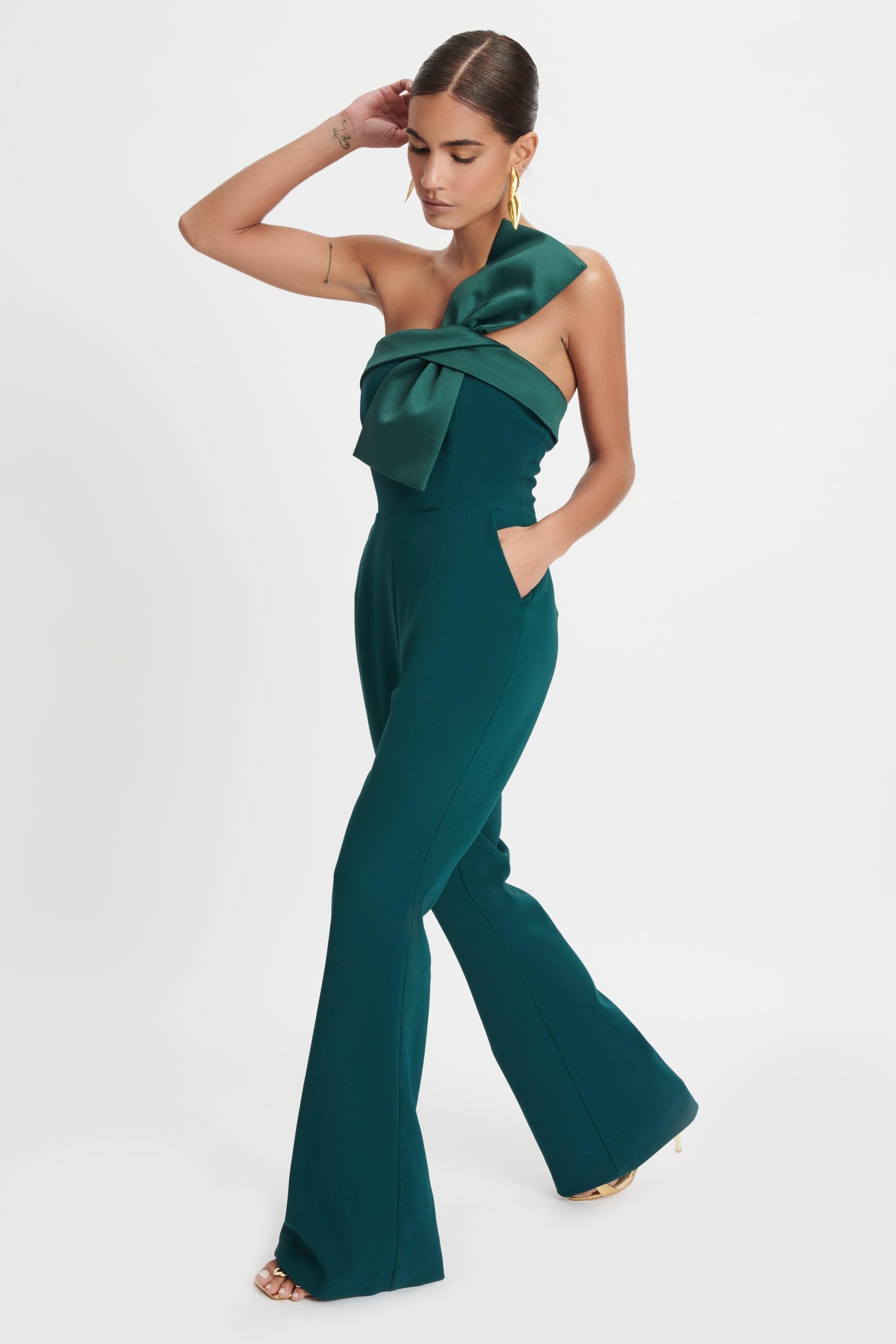 RIVER Satin Mix Bandeau Bow Detail Jumpsuit In Emerald - Lavish Alice