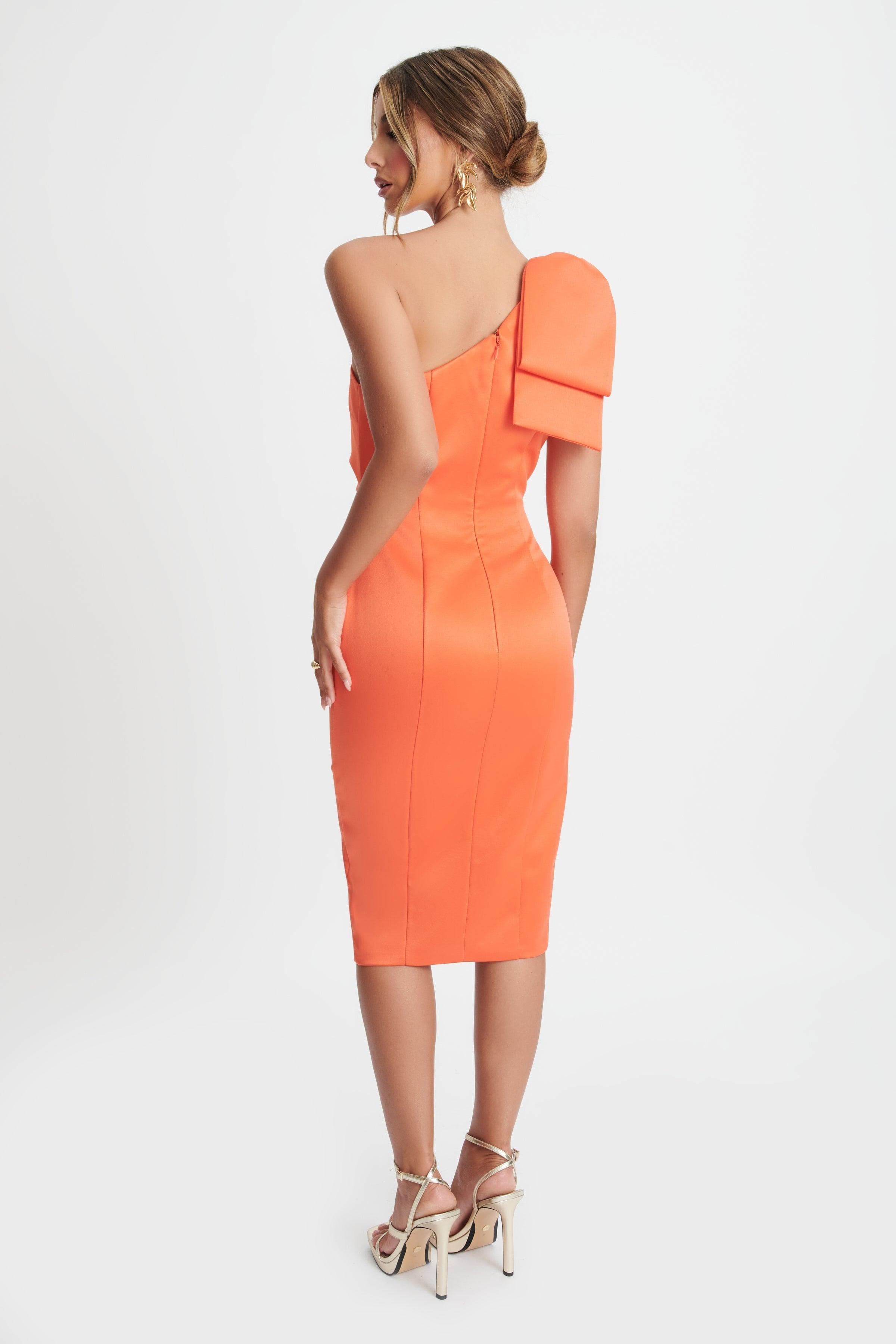 ANNA Bonded Satin Bow Midi Dress In Coral Red - Lavish Alice