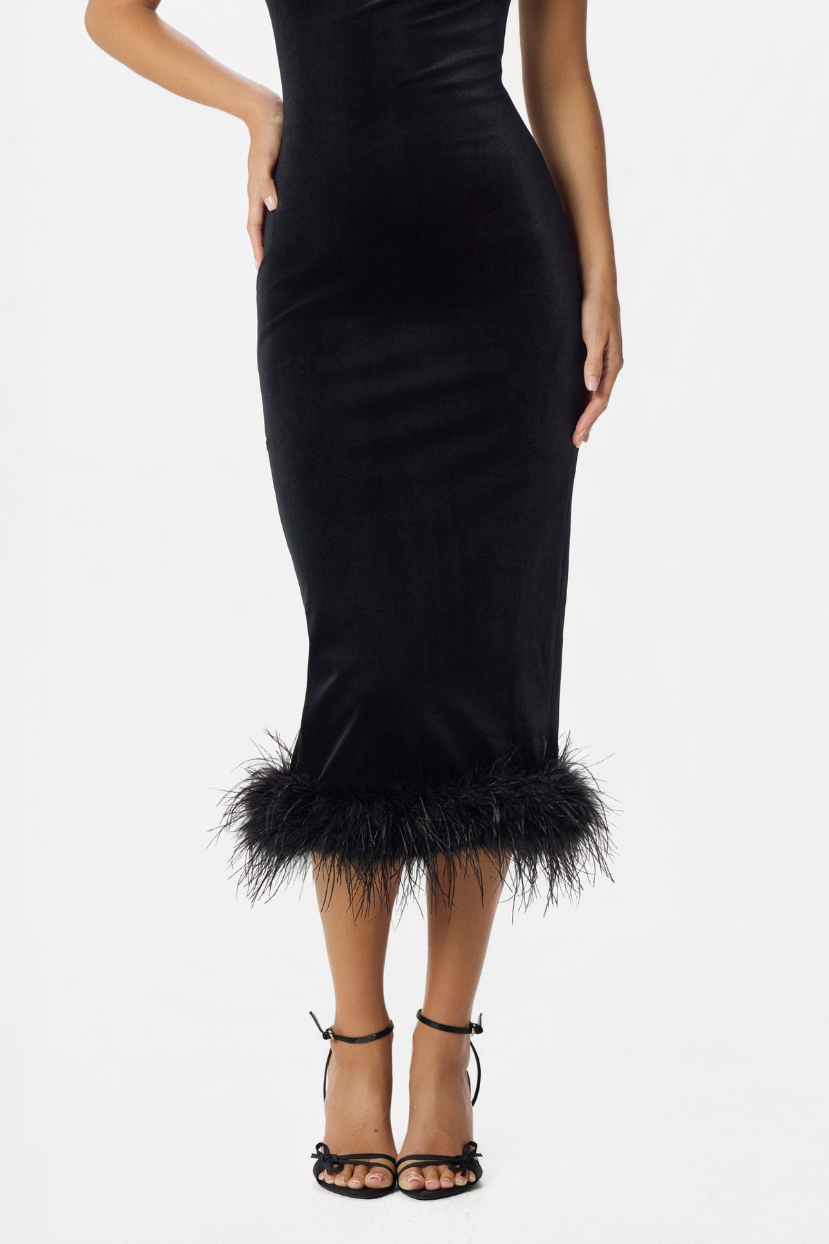 AYDA Velvet Feather Midi Dress in Black