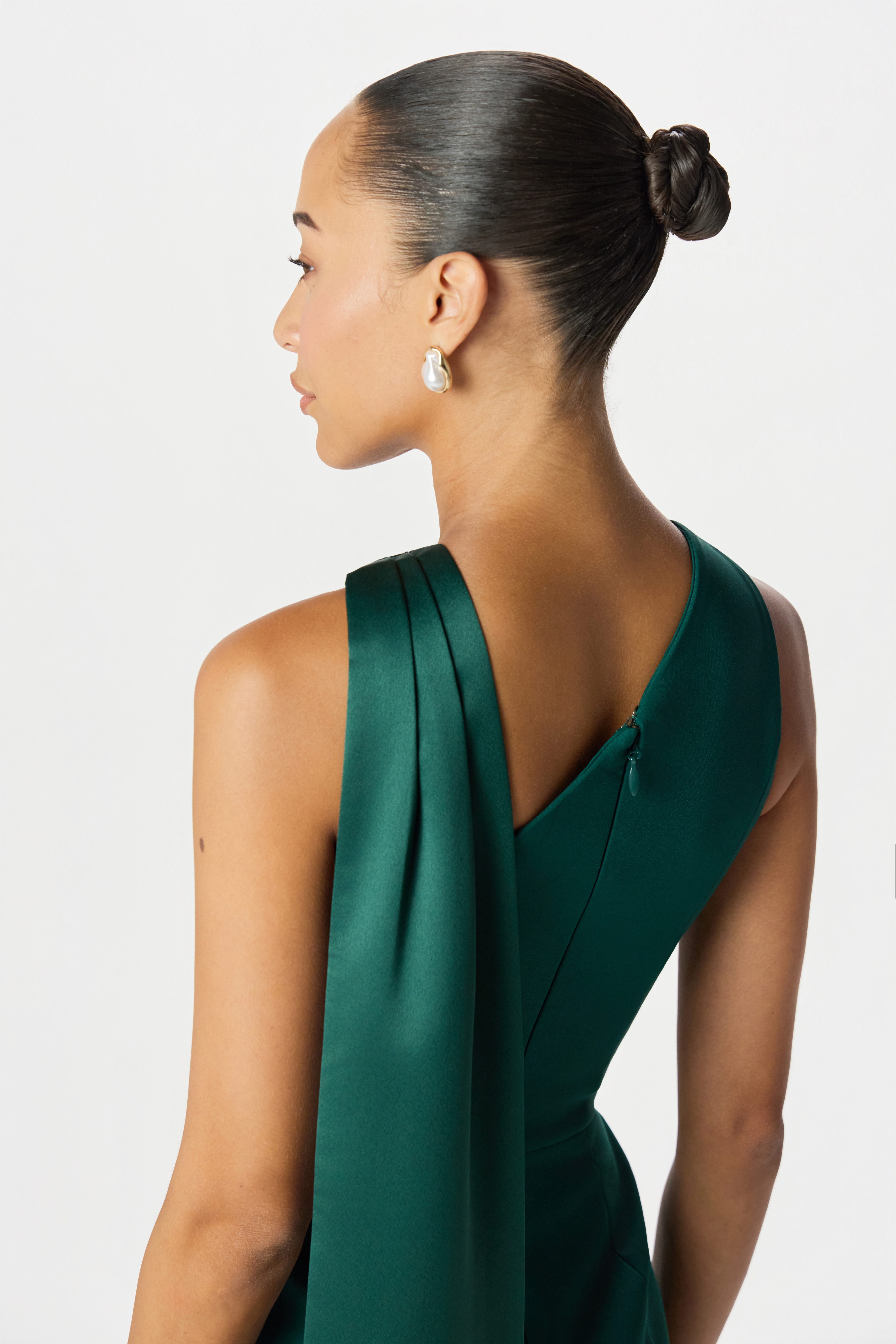 CHANTELLE Cross Neck Straight Leg Jumpsuit with Satin Drape in Emerald