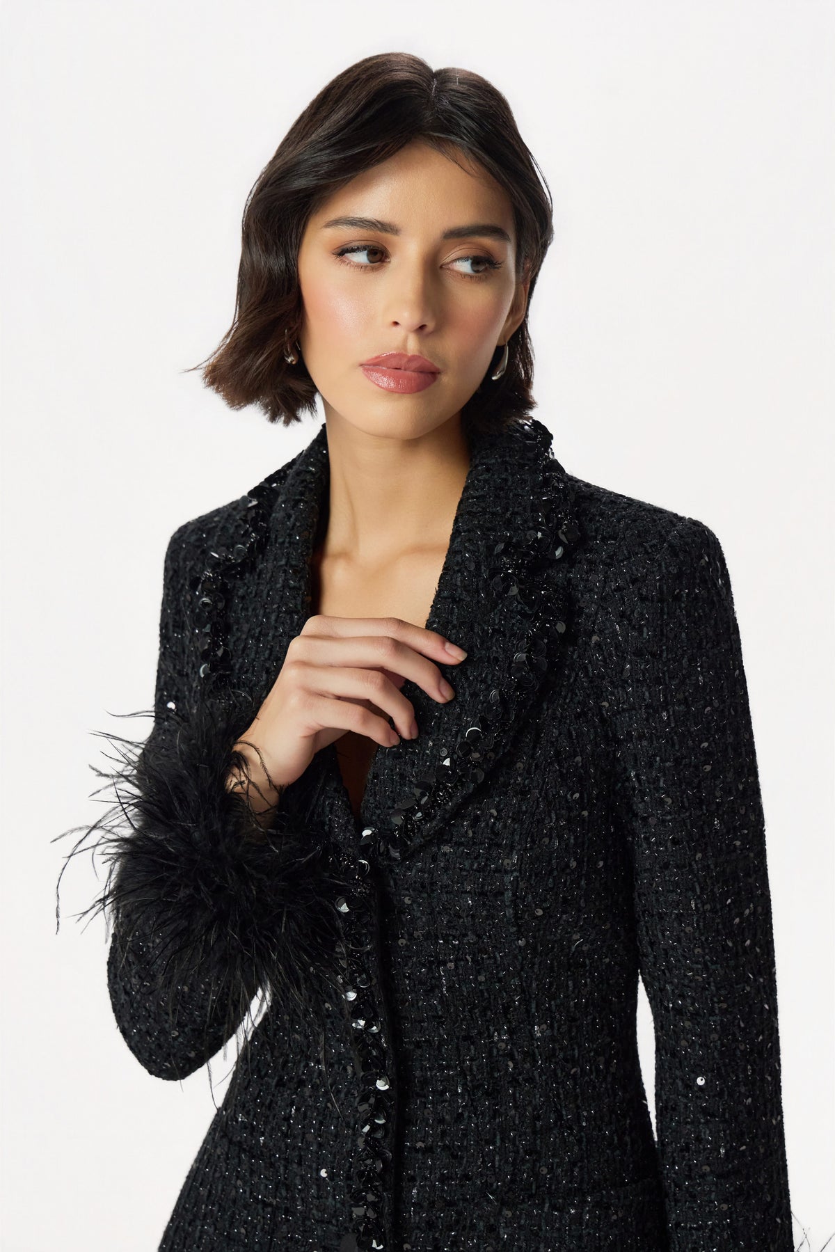 ELIANNA Embellished Boucle Blazer Dress in Black