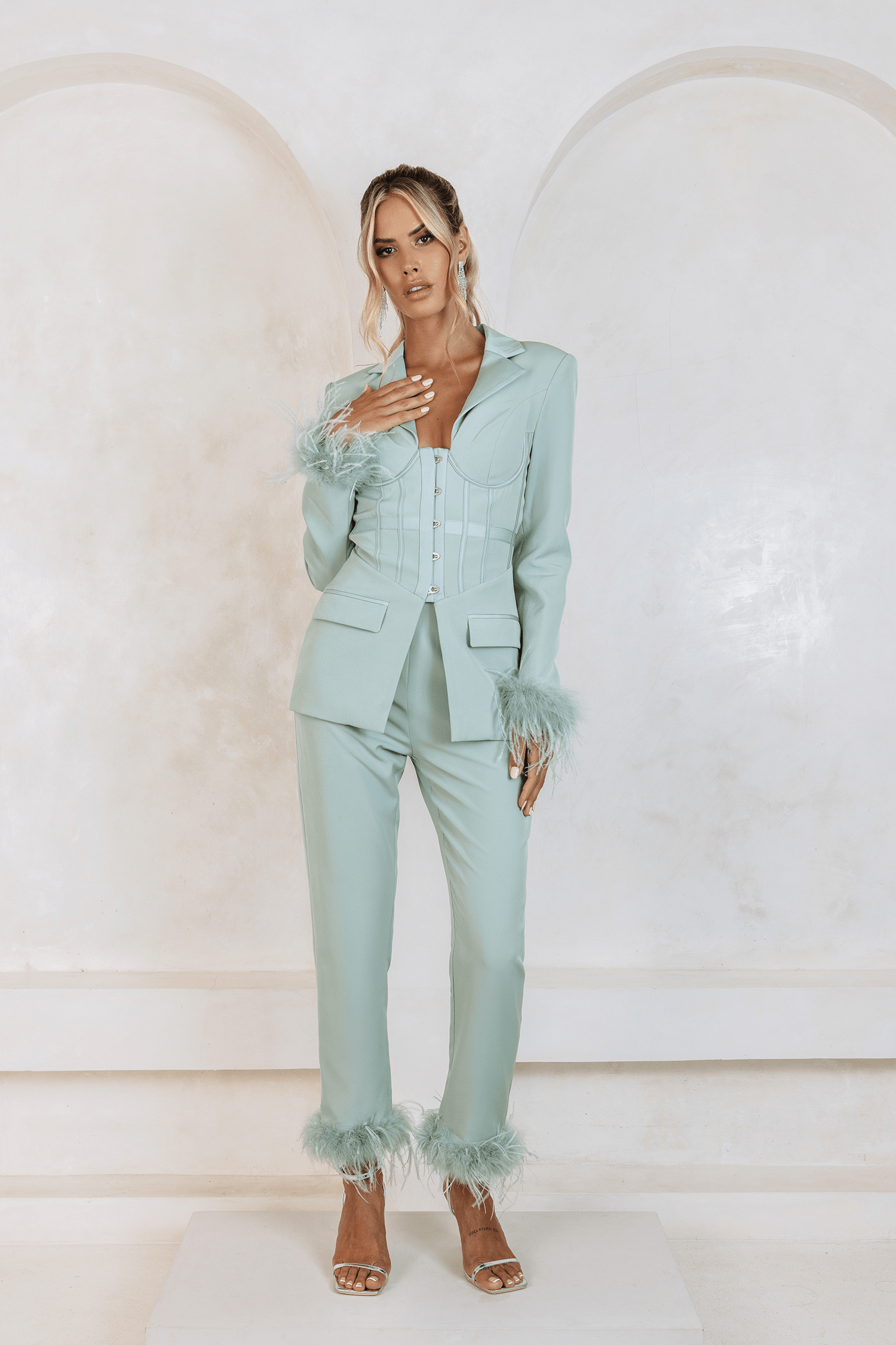 ISABELLA Corset Jacket With Feather Trim In Sage Green - Lavish Alice