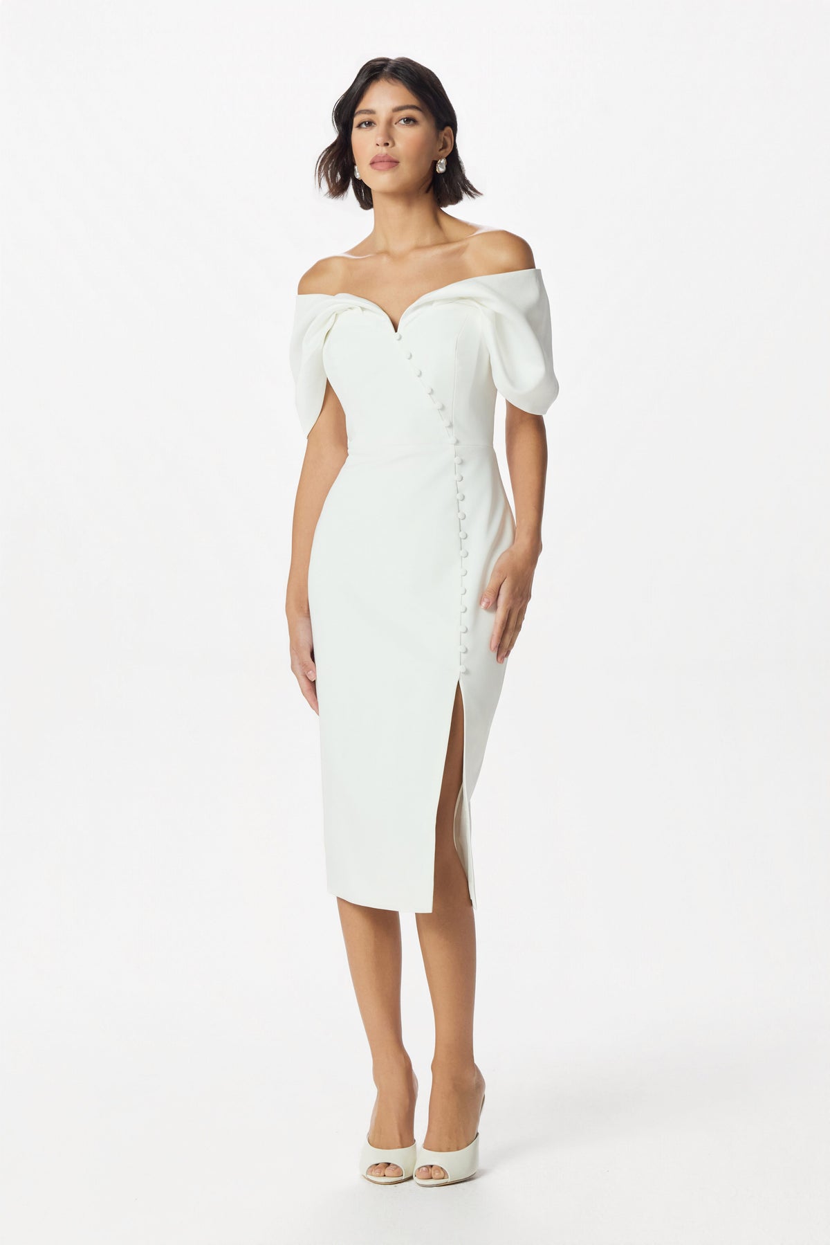 NOELLE Button Detail Midi Dress in White