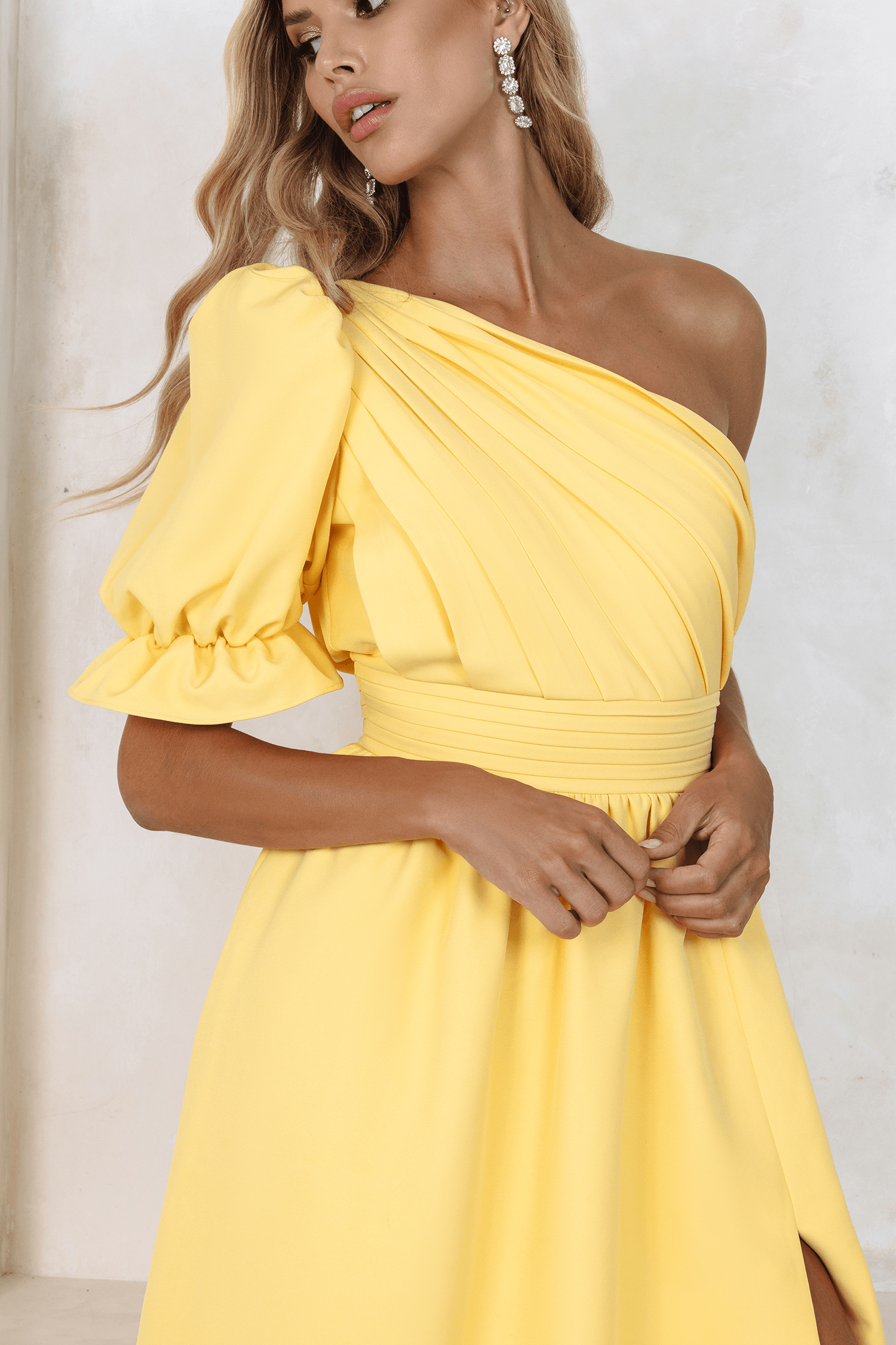 STASSI One Shoulder Puff Midi Dress In Yellow - Lavish Alice