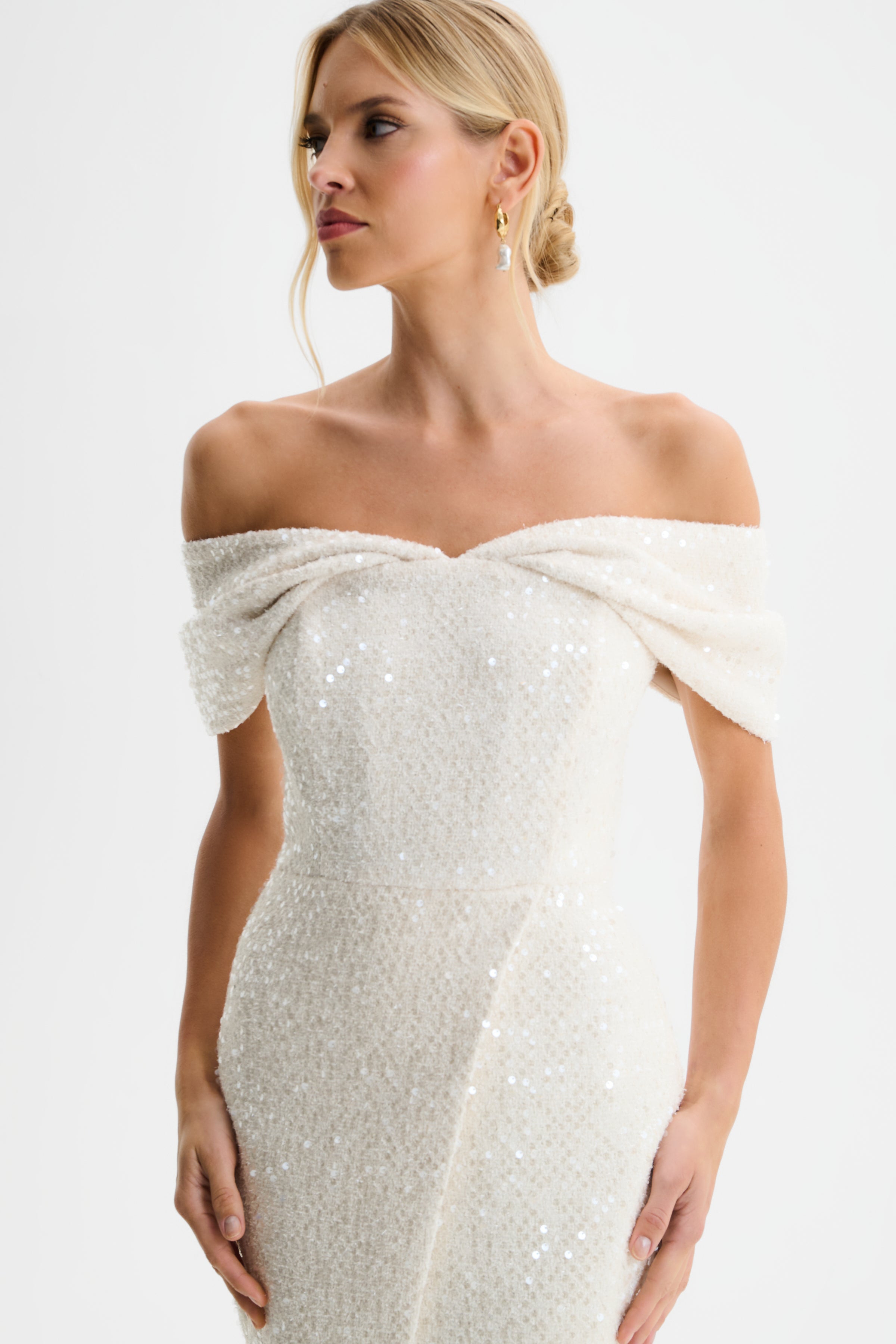 HARLEEN Draped Bardot Sequin Boucle Midi Dress in Beige